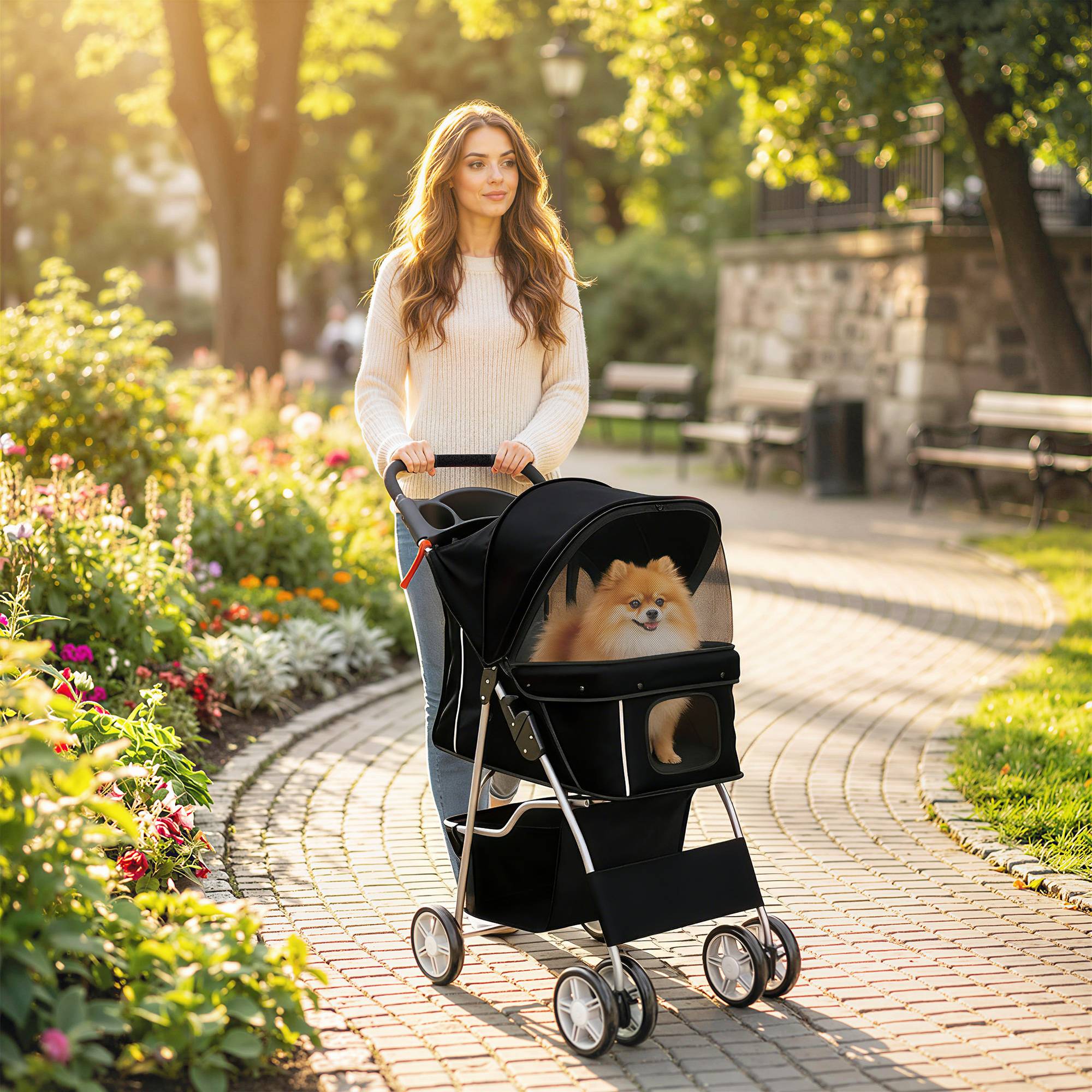 Sans Marque - Poussette pliable chien bandes réfléchissantes panier rangement coussin petits chiens 10 kg 77x44x102 cm noire - Image 4