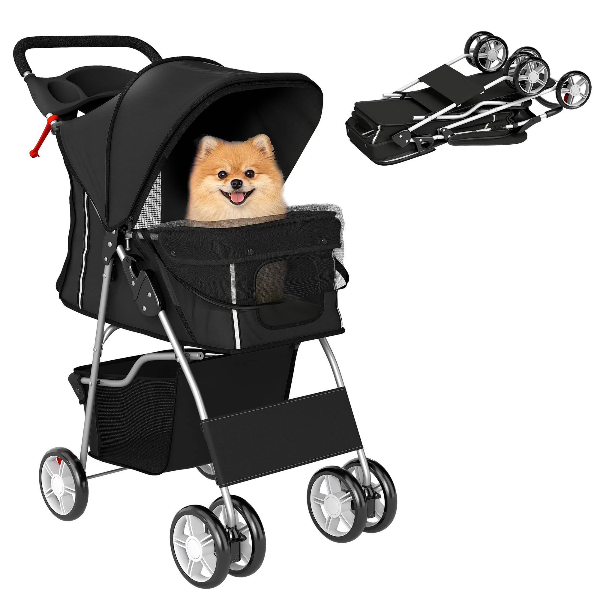 Sans Marque - Poussette pliable chien bandes réfléchissantes panier rangement coussin petits chiens 10 kg 77x44x102 cm noire - Image 1