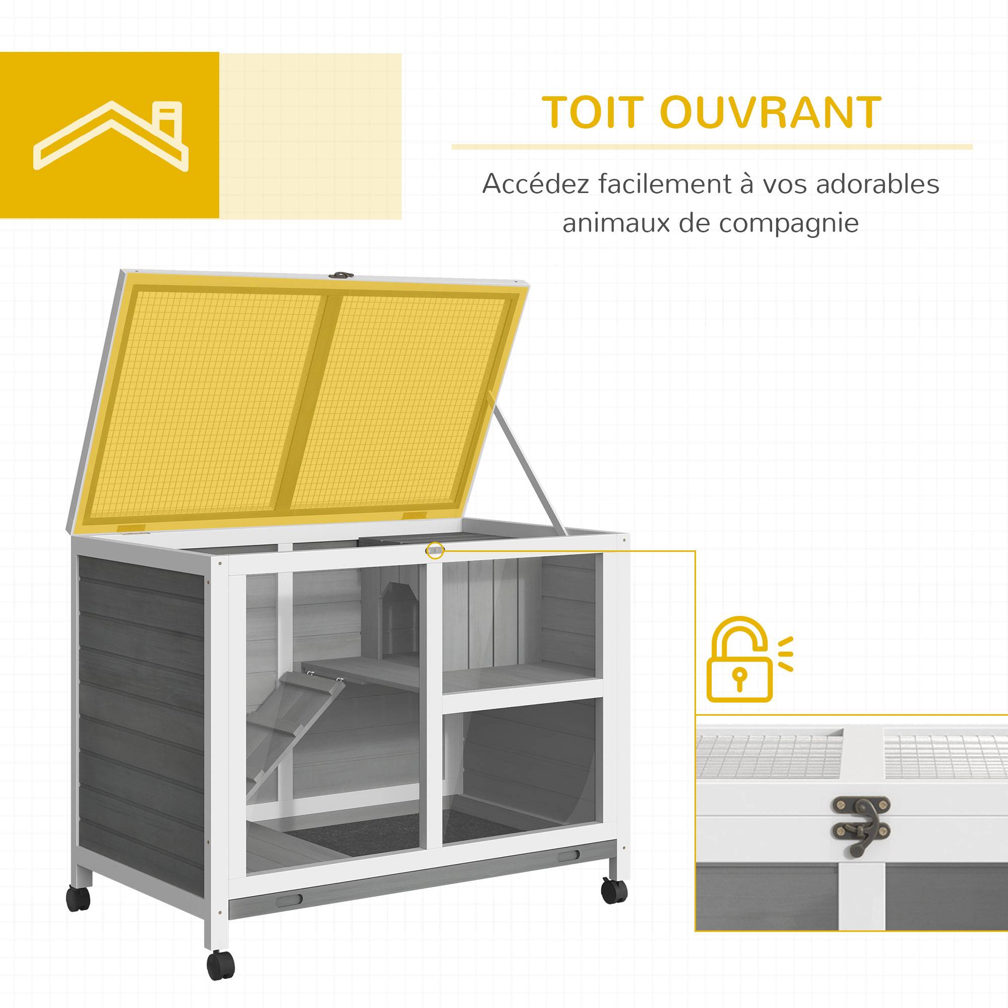 Cage à lapin clapier sur roulettes petit enclos animaux en bois massif 2 étages toit ouvrant plates-formes 91,5 x 53,3 x 73 cm gris - Image 7