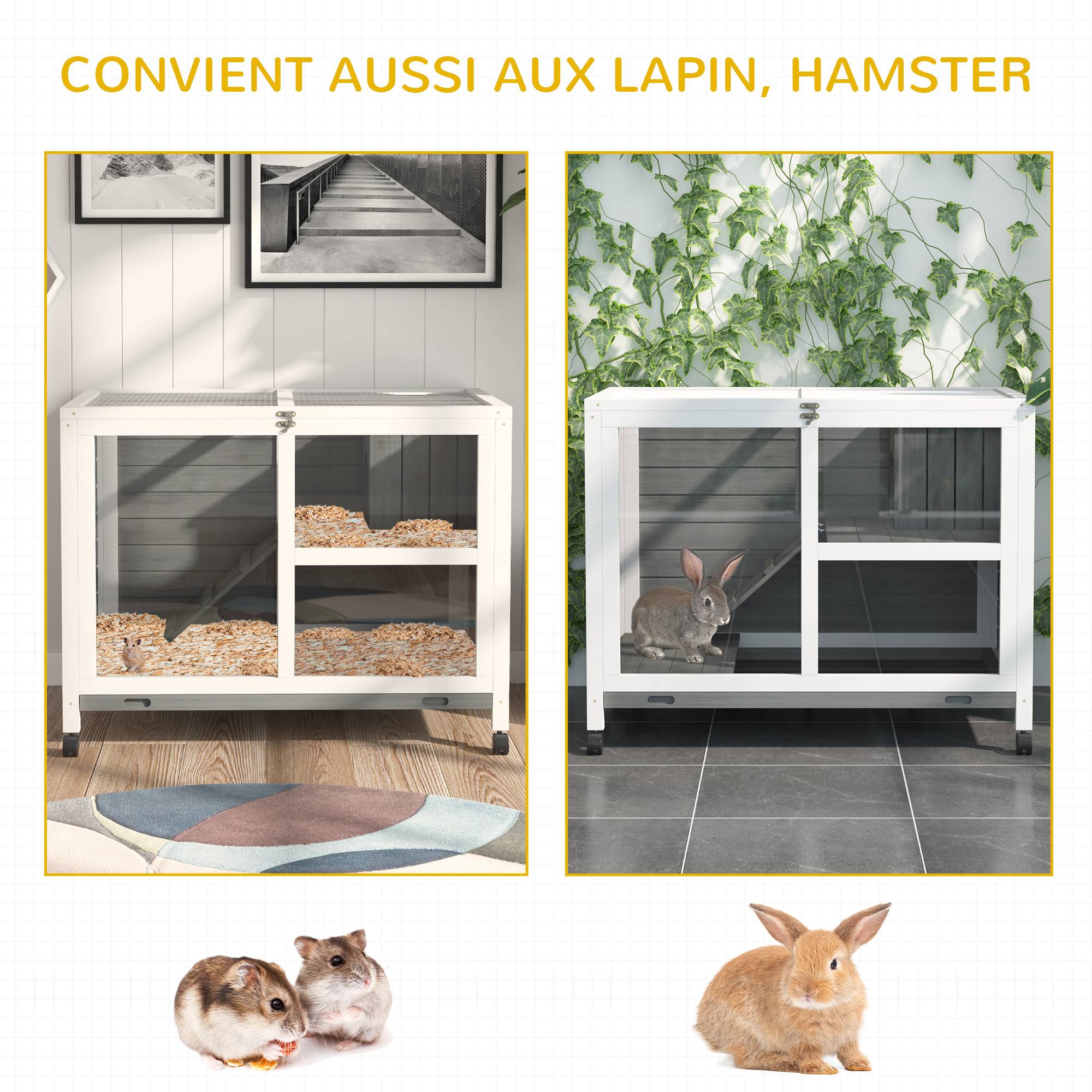 Cage à lapin clapier sur roulettes petit enclos animaux en bois massif 2 étages toit ouvrant plates-formes 91,5 x 53,3 x 73 cm gris - Image 10