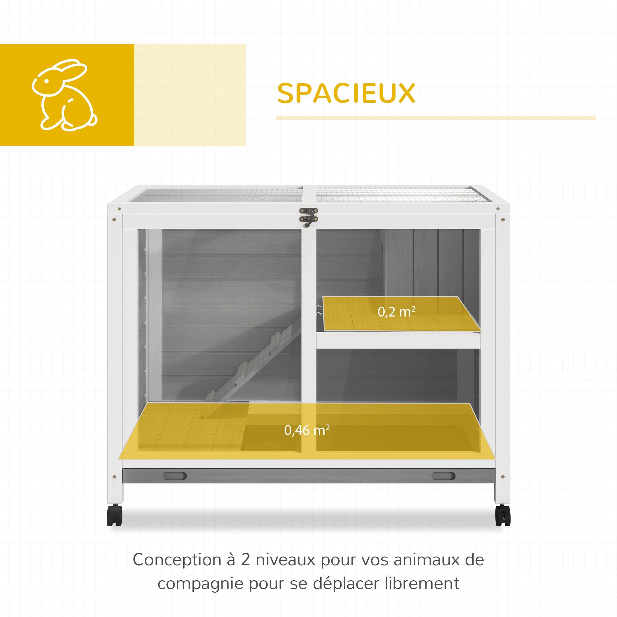 Cage à lapin clapier sur roulettes petit enclos animaux en bois massif 2 étages toit ouvrant plates-formes 91,5 x 53,3 x 73 cm gris - Image 6