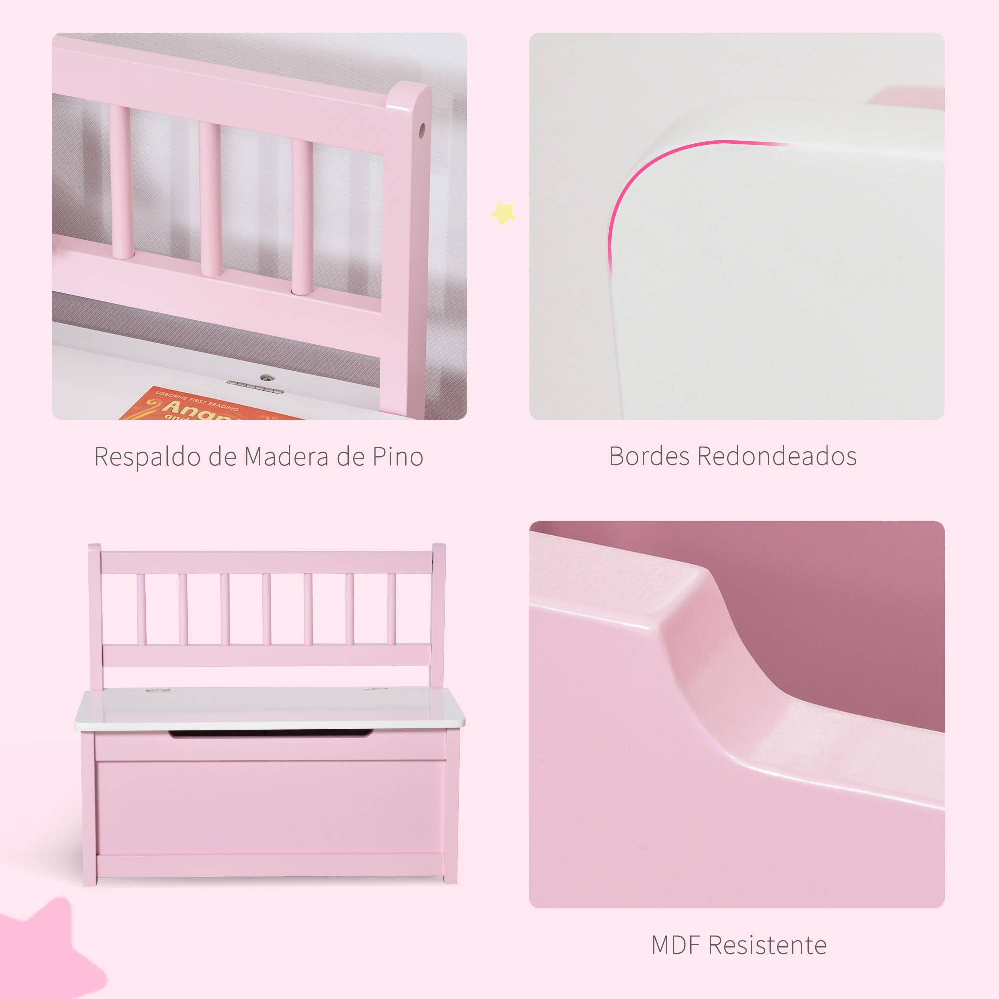 Banc de Rangement Enfant avec Dossier et Couvercle Amorti, 40 kg, Salle de Jeux/Chambre, 60 x 30 x 50 cm, Rose/Blanc - Image 8