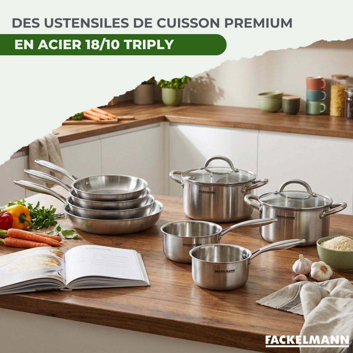 Batterie de cuisine avec 1 poêle 24 cm 3 casseroles 14/18 cm et 1 couvercle de cuisson universel sans PFAS Fackelmann Vita3 - Image 4