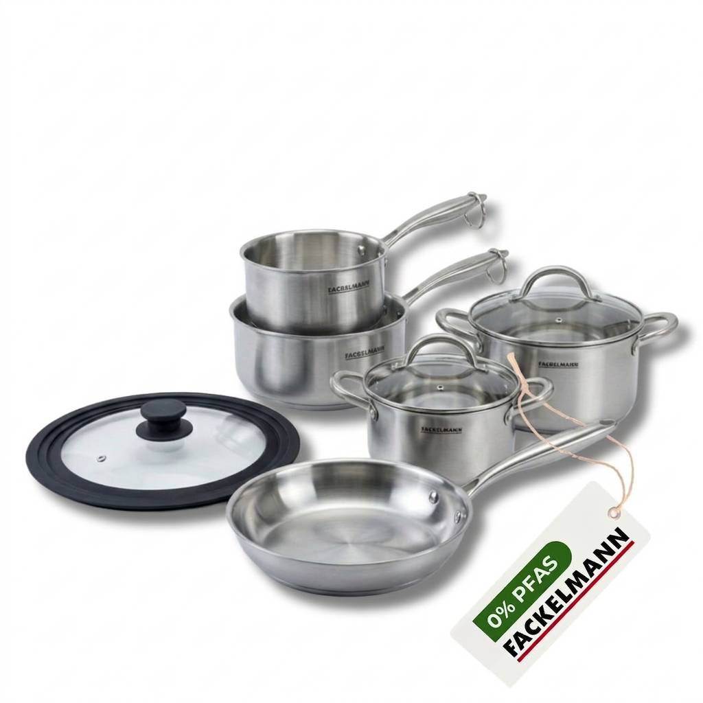 Batterie de cuisine avec 1 poêle 24 cm 3 casseroles 14/18 cm et 1 couvercle de cuisson universel sans PFAS Fackelmann Vita3 - Image 1