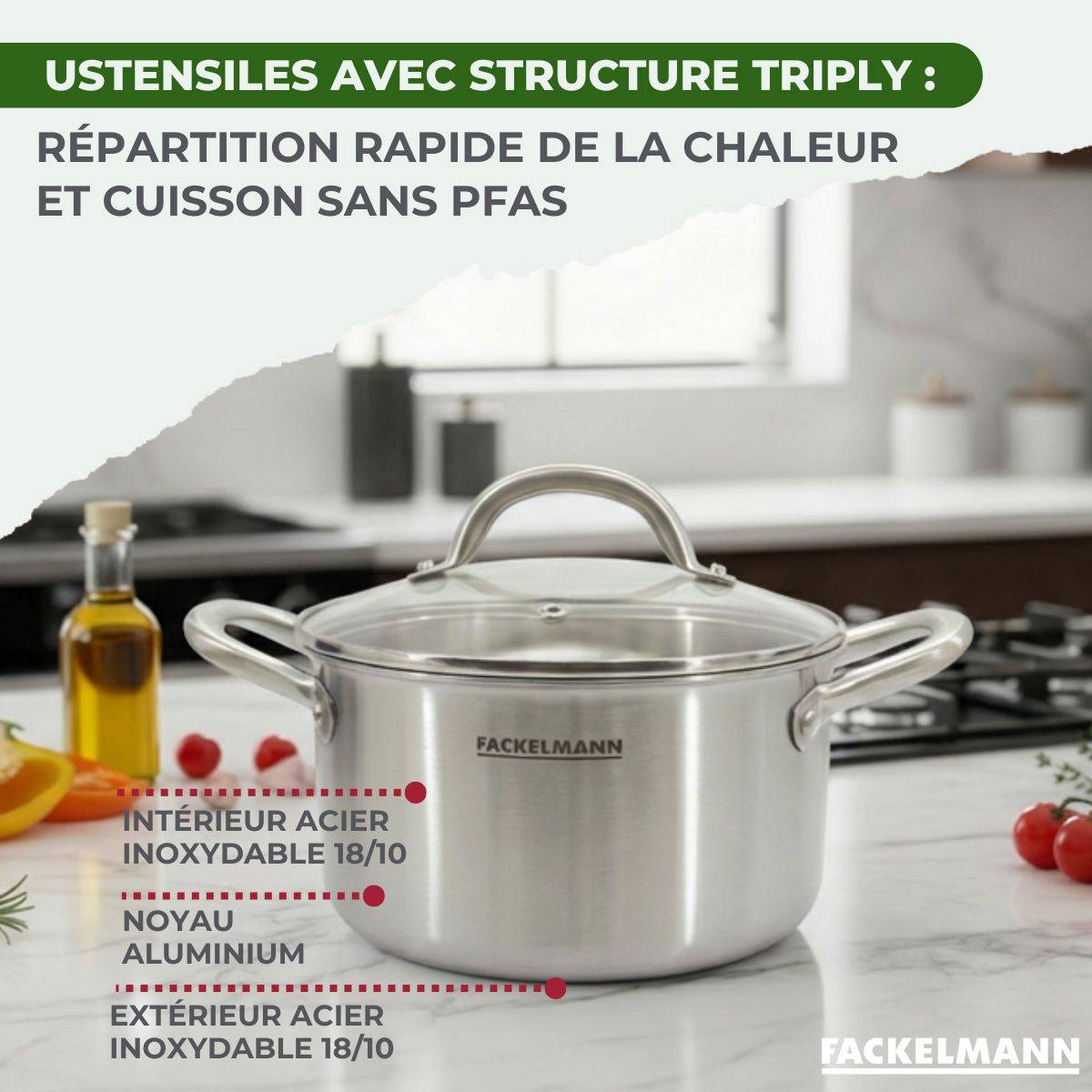 Batterie de cuisine avec 1 poêle 24 cm 3 casseroles 14/18 cm et 1 couvercle de cuisson universel sans PFAS Fackelmann Vita3 - Image 5