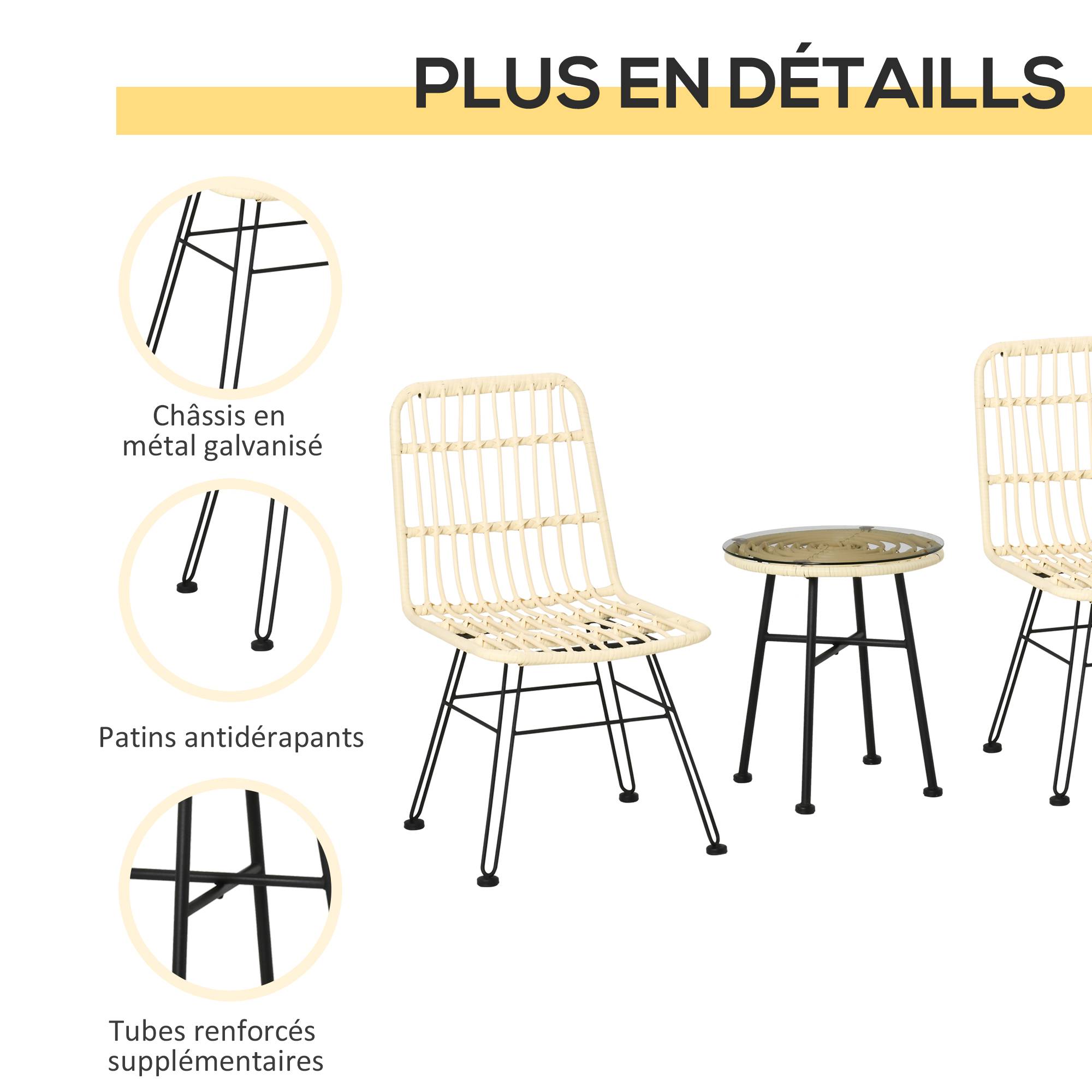 Outsunny - Ensemble bistro de jardin 2 places 3 pièces style exotique 2 chaises + table basse ronde métal époxy noir résine tressée beige - Outsunny - Image 7