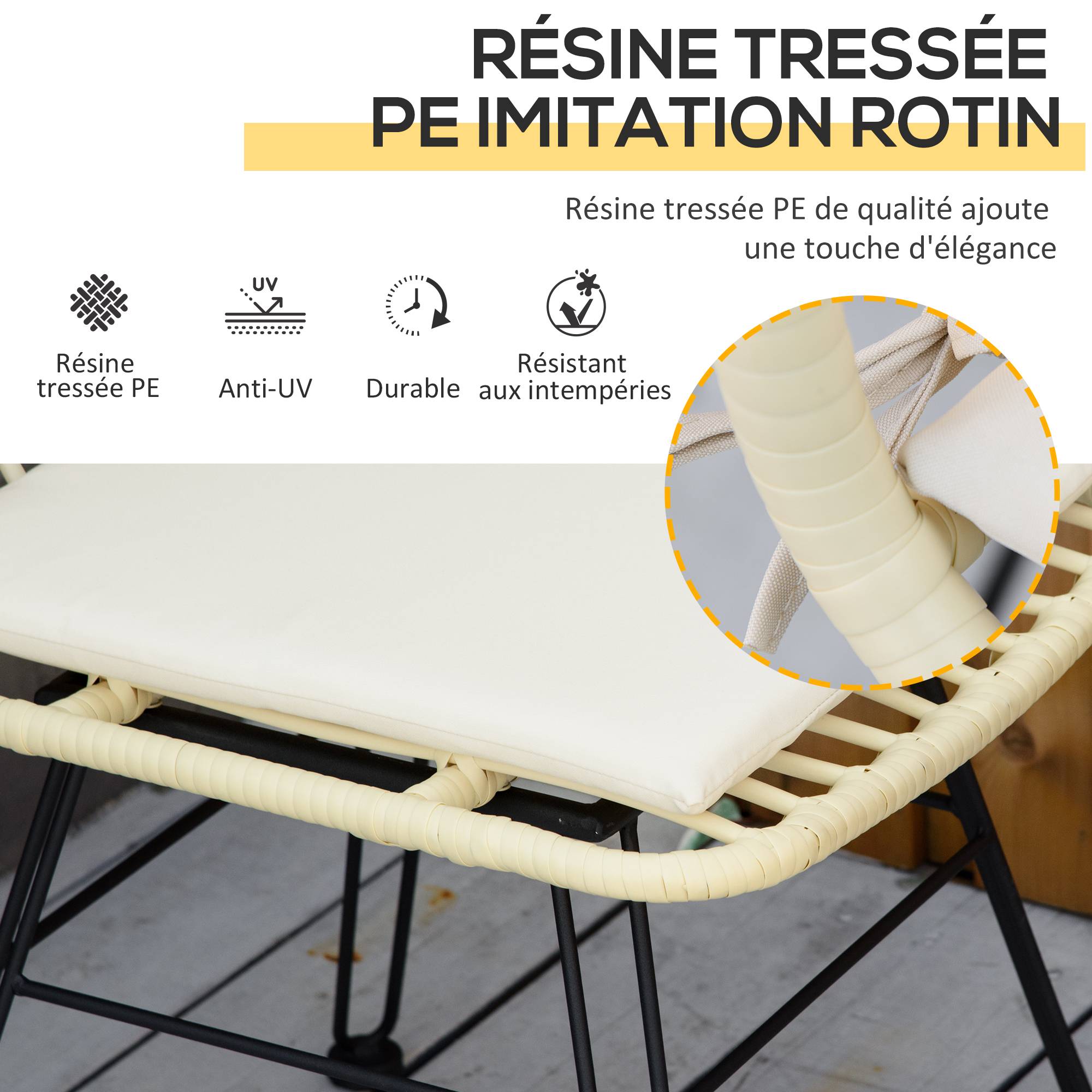 Outsunny - Ensemble bistro de jardin 2 places 3 pièces style exotique 2 chaises + table basse ronde métal époxy noir résine tressée beige - Outsunny - Image 5