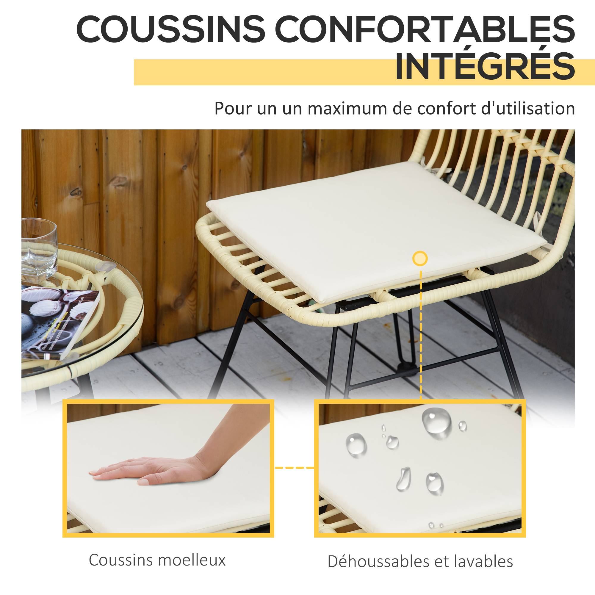 Outsunny - Ensemble bistro de jardin 2 places 3 pièces style exotique 2 chaises + table basse ronde métal époxy noir résine tressée beige - Outsunny - Image 6
