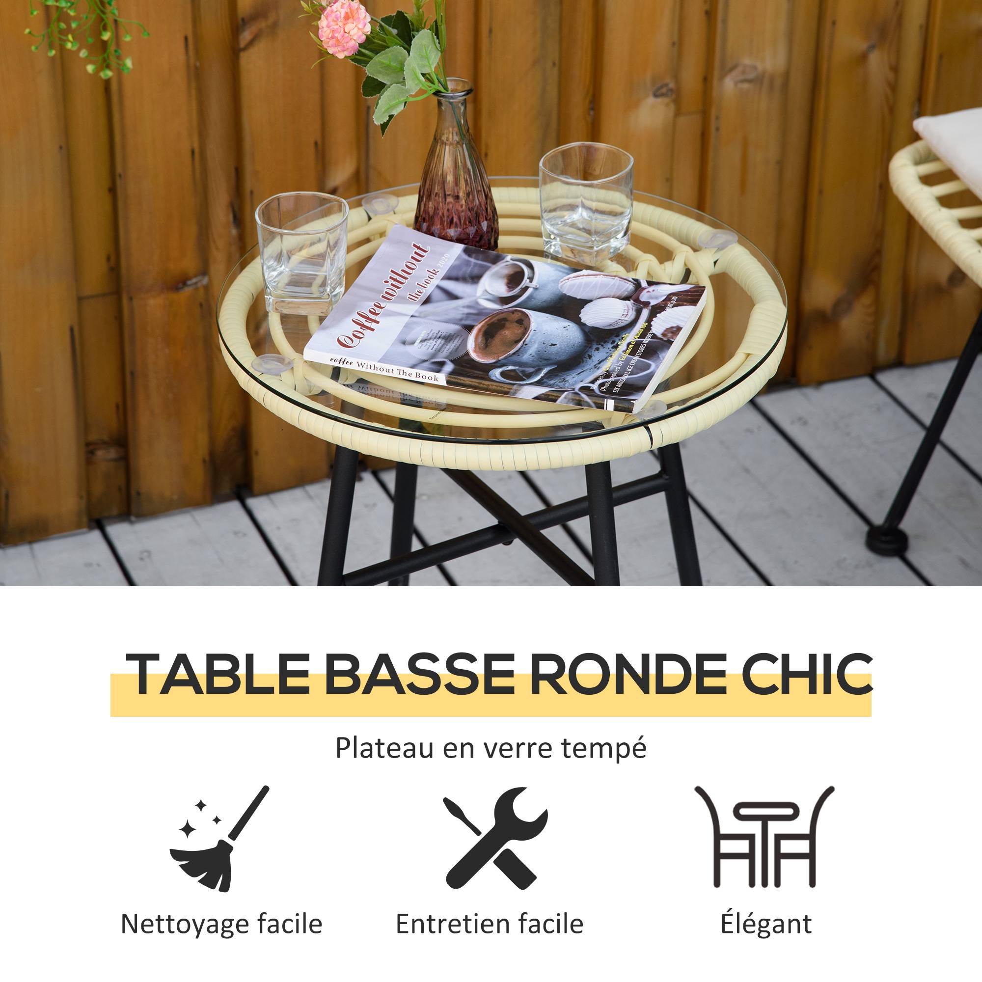 Outsunny - Ensemble bistro de jardin 2 places 3 pièces style exotique 2 chaises + table basse ronde métal époxy noir résine tressée beige - Outsunny - Image 4
