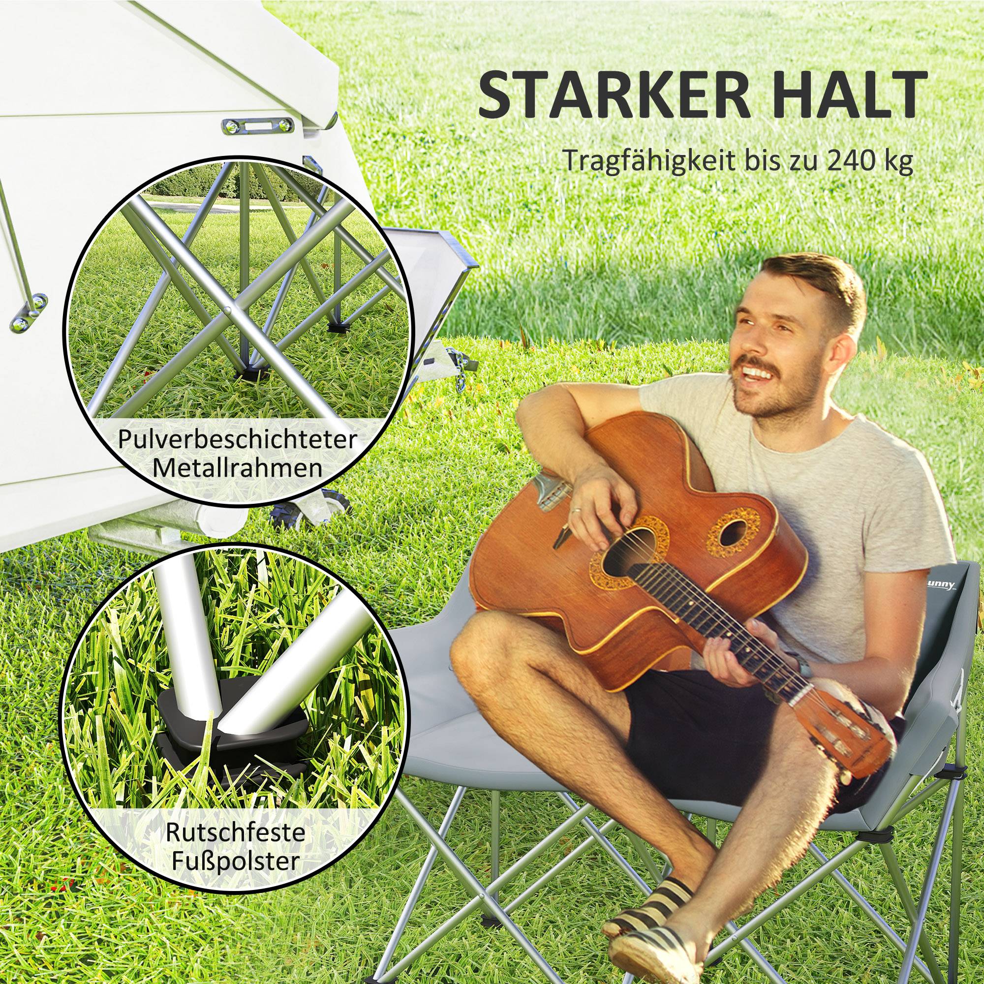 Chaise camping double métal Oxford pour plein air siège spacieux 120x57x95cm gris - ComfortXL Outdoor Living - Image 8