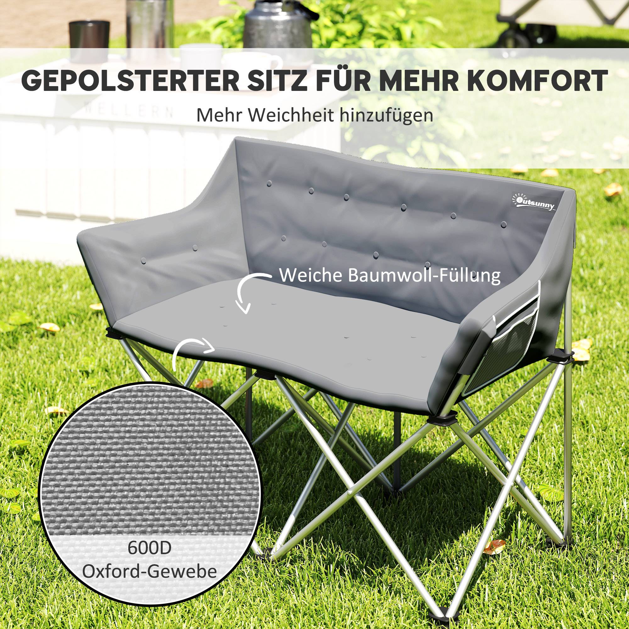 Chaise camping double métal Oxford pour plein air siège spacieux 120x57x95cm gris - ComfortXL Outdoor Living - Image 7