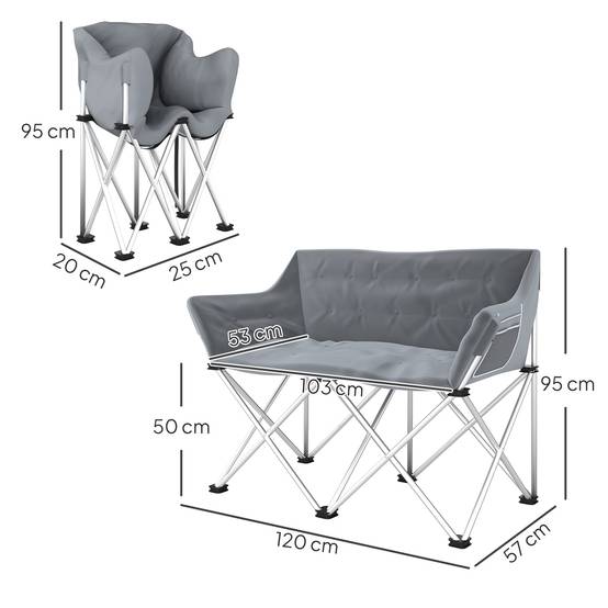 Chaise camping double métal Oxford pour plein air siège spacieux 120x57x95cm gris - ComfortXL Outdoor Living - Image 5