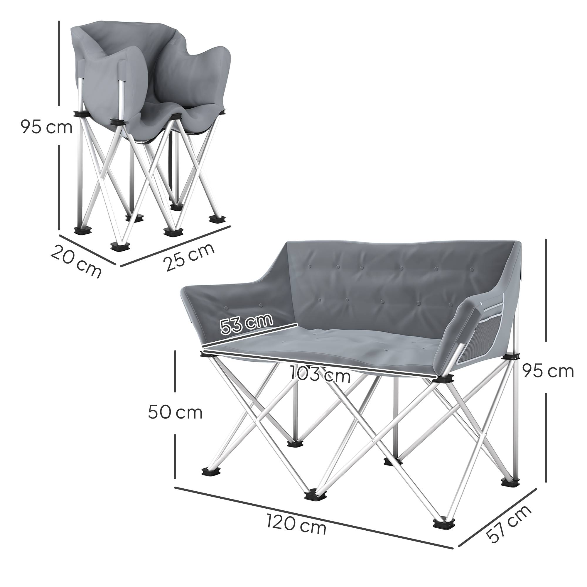 Chaise camping double métal Oxford pour plein air siège spacieux 120x57x95cm gris - ComfortXL Outdoor Living - Image 5