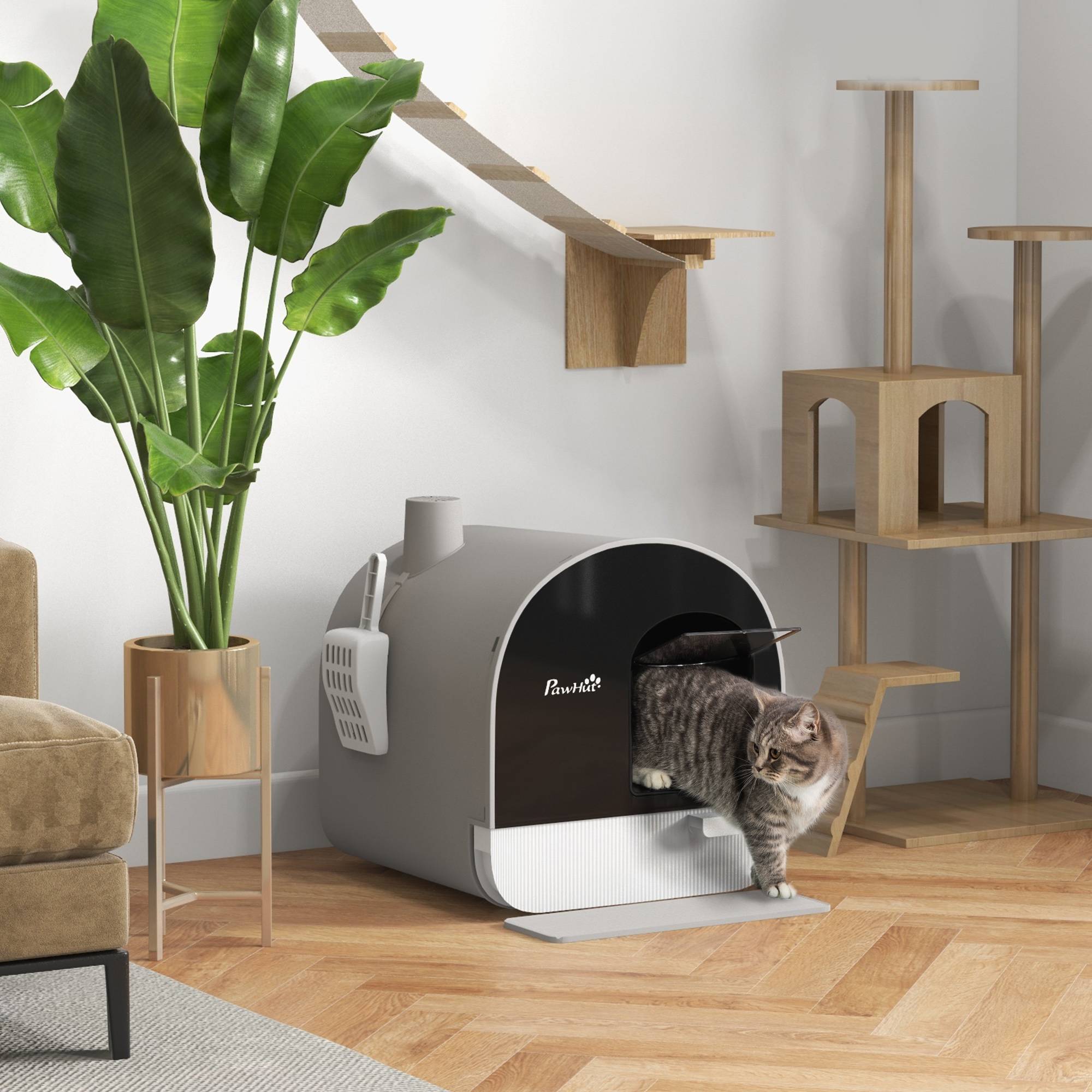 Bac à litière gris pour chat fermé 43x44x47 cm avec plateau amovible, pelle et filtre, accessoire design sobre pour intérieur pratique et discret - Image 3