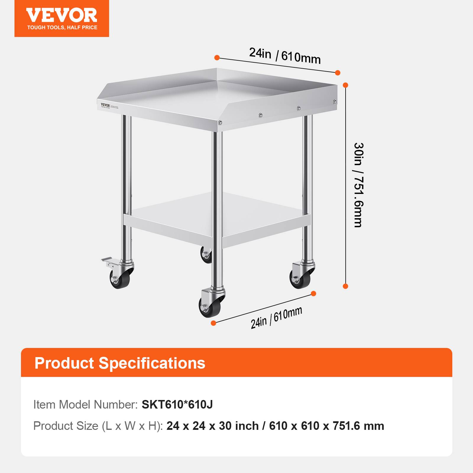 Vevor - VEVOR Table préparation métal 24"x24"x30", inox, 4 roulettes. Pour préparation aliments restaurants/maisons. - Image 7
