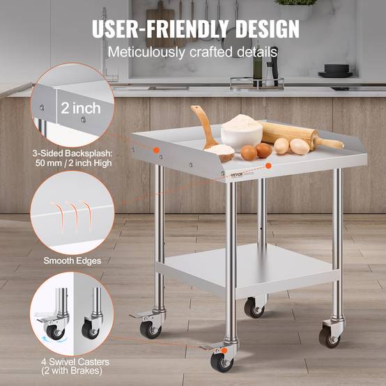 Vevor - VEVOR Table préparation métal 24"x24"x30", inox, 4 roulettes. Pour préparation aliments restaurants/maisons. - Image 4