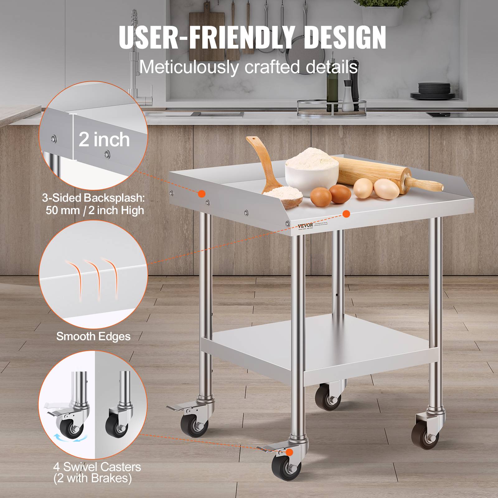 Vevor - VEVOR Table préparation métal 24"x24"x30", inox, 4 roulettes. Pour préparation aliments restaurants/maisons. - Image 4
