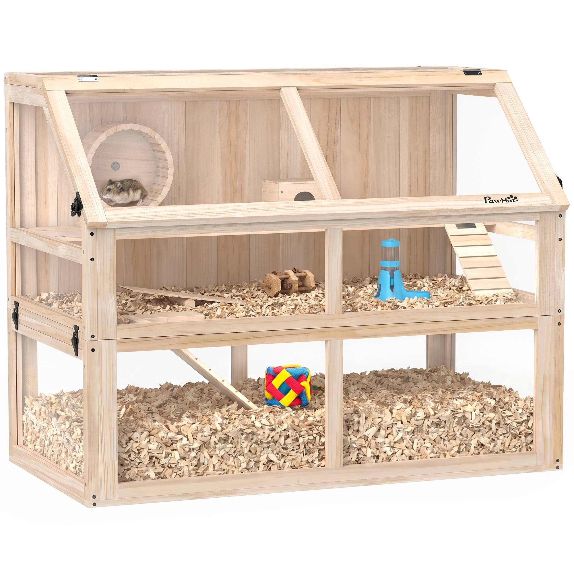 Cage hamster bois 3 étages, balançoire, roue, cabane, 95x53x76cm, bois naturel - Image 1