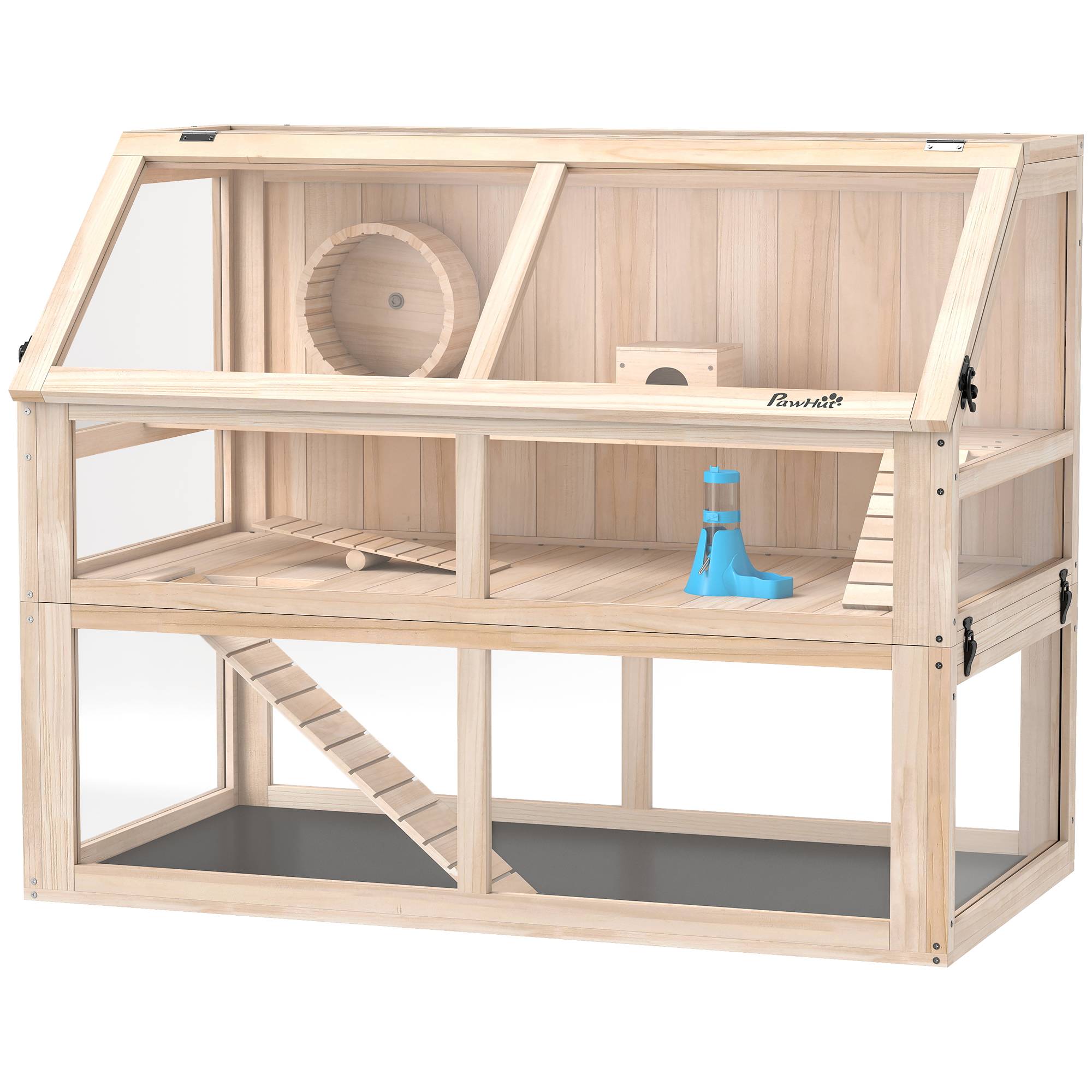 Cage hamster bois 3 étages, balançoire, roue, cabane, 95x53x76cm, bois naturel - Image 2