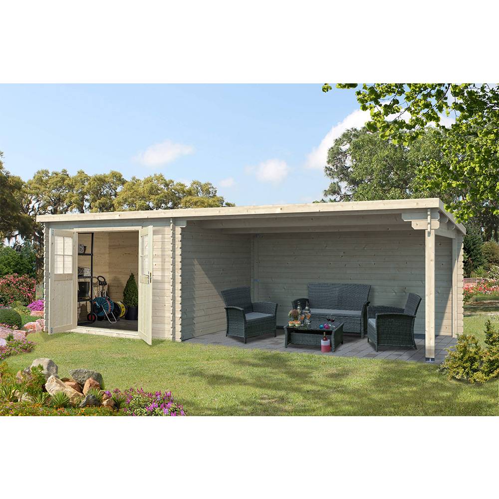 Eden Partenaire Jardin - Abri de jardin en bois mono pente de 9m² avec auvent de 12m² - Image 1