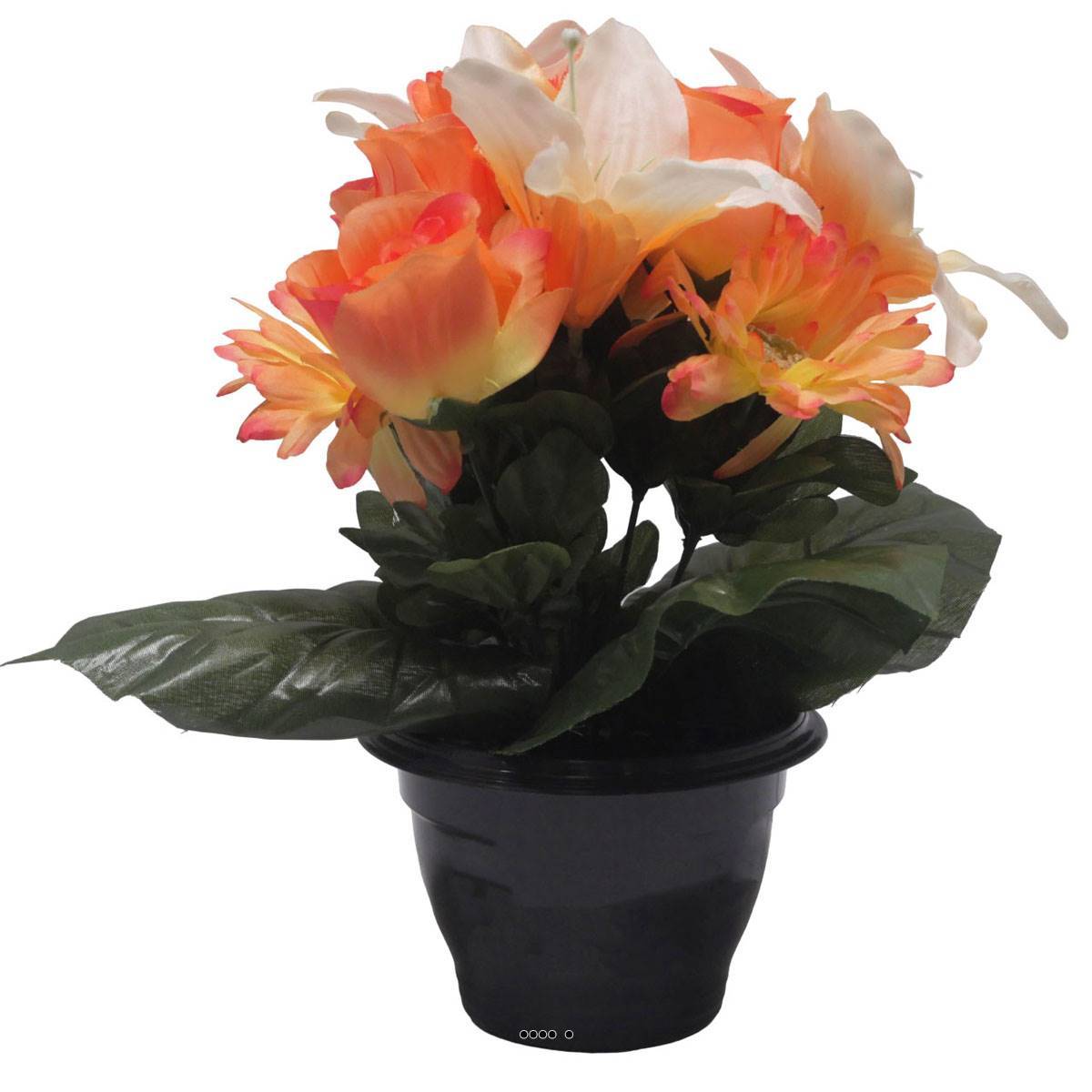 Artificielles - Pot pour Tombe de Bouton de Rose, Gerbera et Lys tigré Orange artificiels - Toussaint - couleur: Orange - Image 1