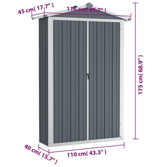 Abri de jardin Acier Galvanisé Extérieur Armoire Rangement Outils 116x45x175 cm Gris - ComfortXL Outdoor Living - Image 8