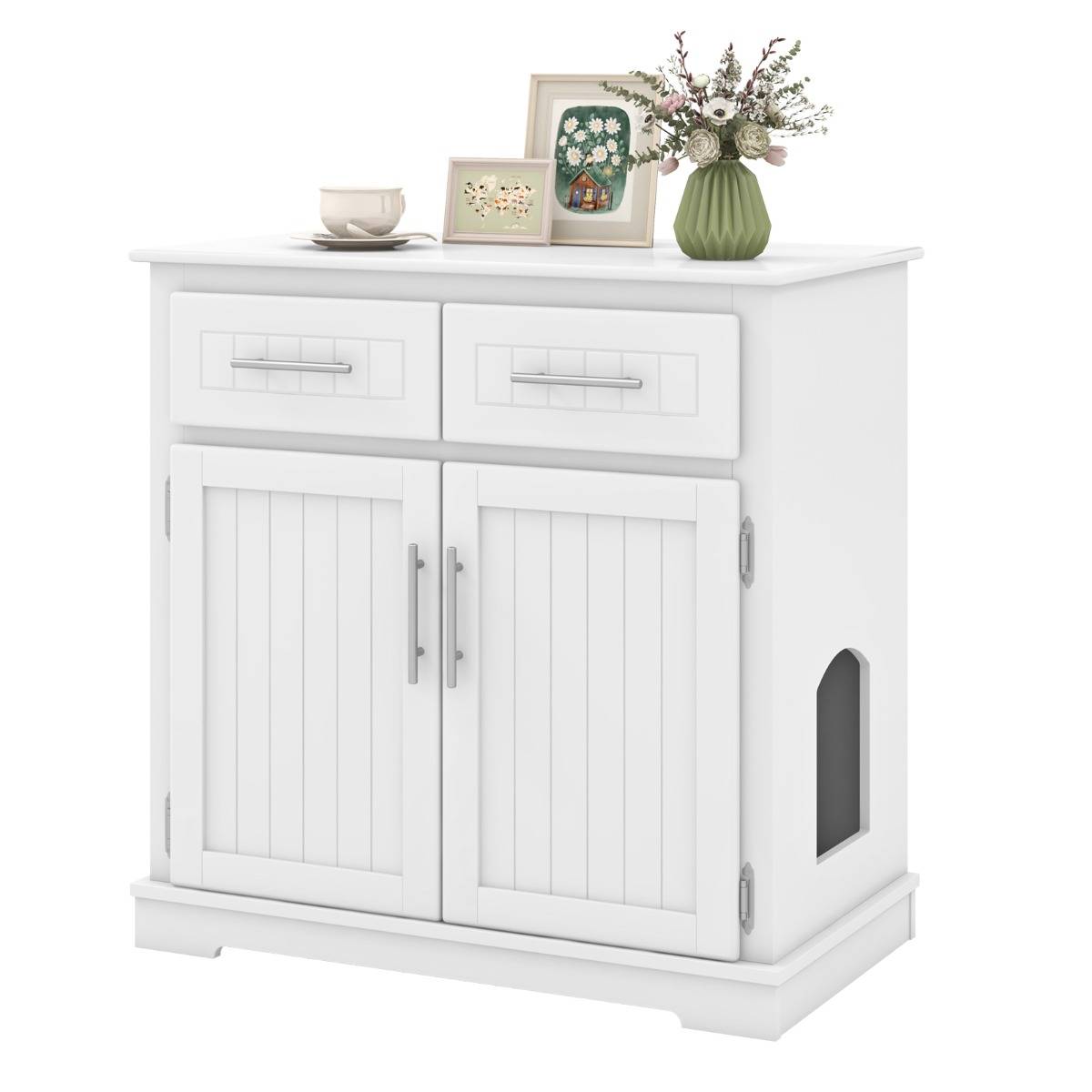 Meuble pour Bac à Litière pour Chat Armoire Latérale pour Chat 2 Tiroirs Portes Doubles Dispositifs Anti-basculement Blanc - Image 1