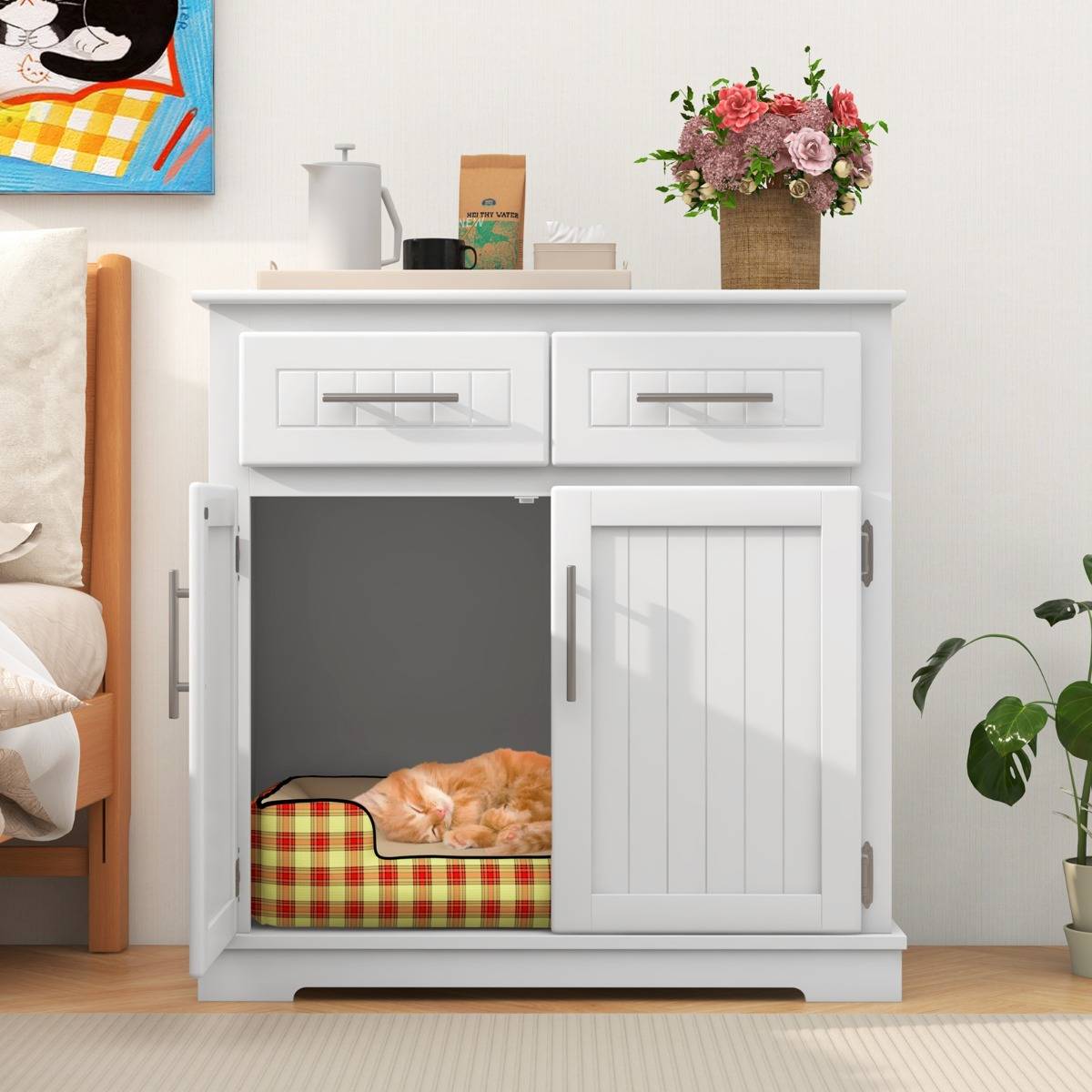 Meuble pour Bac à Litière pour Chat Armoire Latérale pour Chat 2 Tiroirs Portes Doubles Dispositifs Anti-basculement Blanc - Image 2