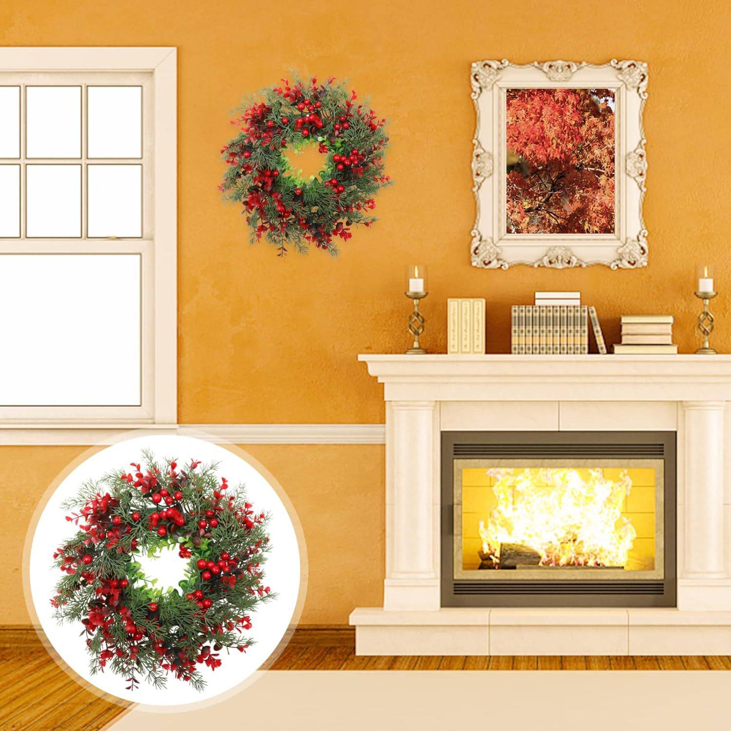 Couronne de Noël artificielle de 35 cm avec aiguilles de pin et baies rouges, pour décoration de porte d'entrée, couronnes de Noël - Image 3