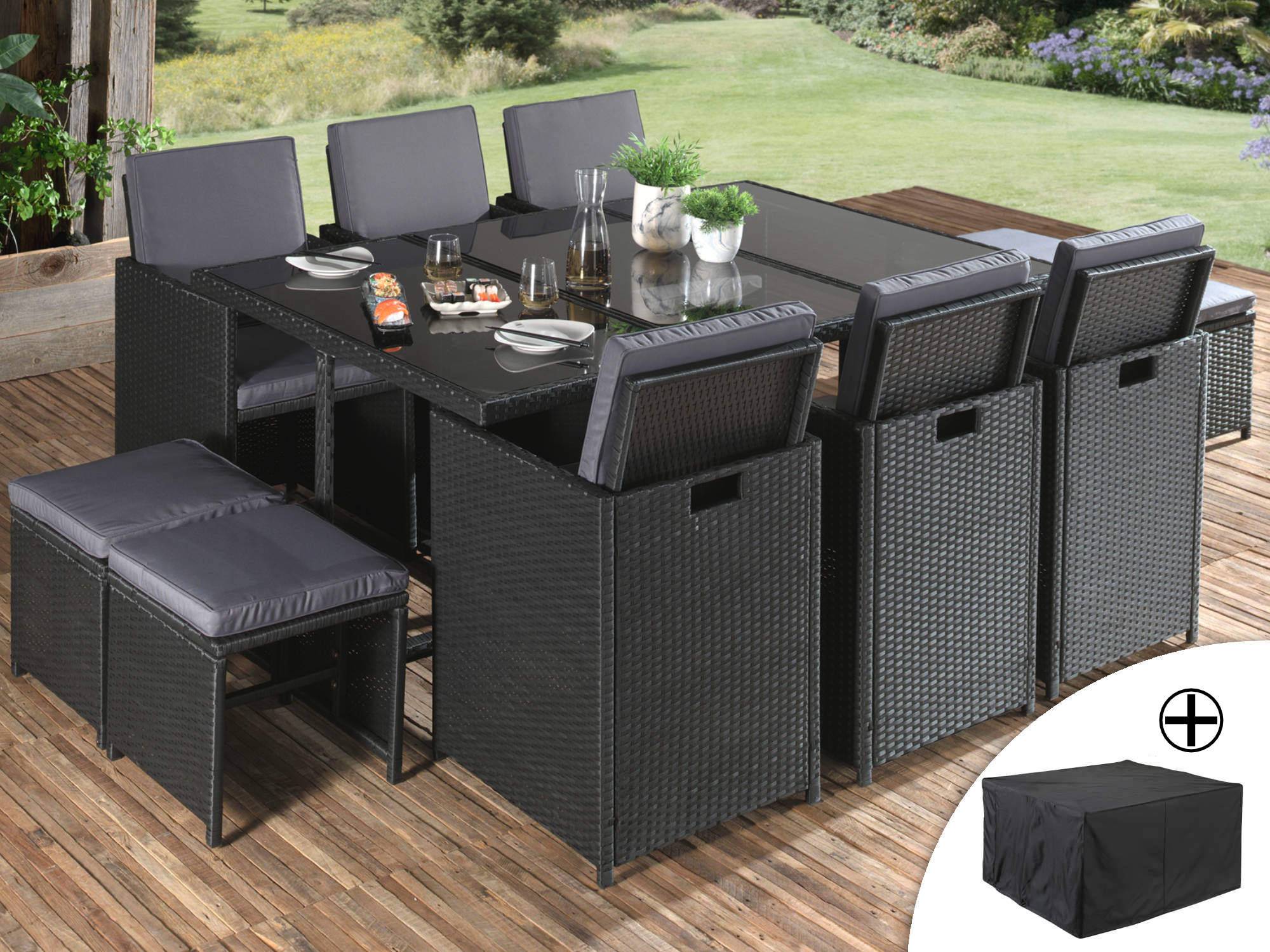 Best Mobilier - Fira - Salon de jardin encastrable 10 places - en résine tressée - Noir avec coussins gris + housse de protection - Best Mobilier - Image 2