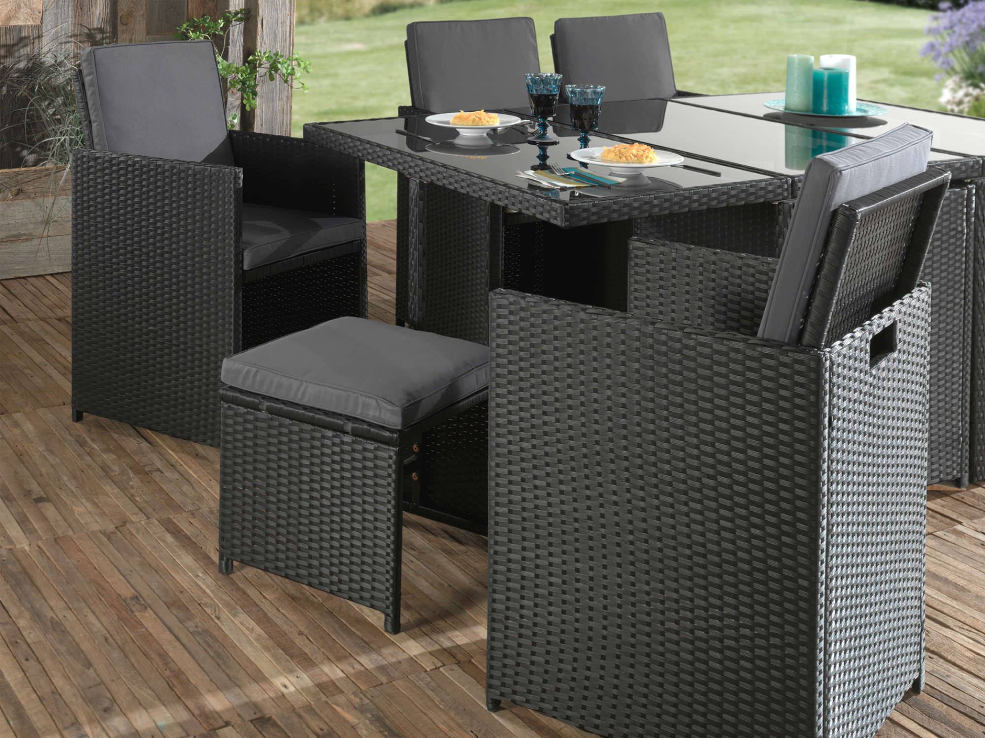 Best Mobilier - Fira - Salon de jardin encastrable 10 places - en résine tressée - Noir avec coussins gris + housse de protection - Best Mobilier - Image 3