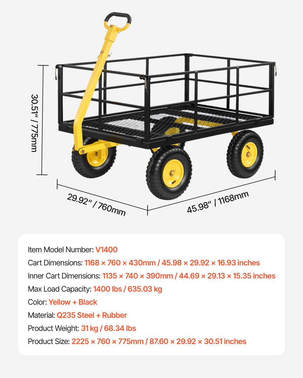 Vevor - VEVOR Chariot de jardin acier 635 kg, 3 en 1 plateau/ridelles/remorque, pneus caoutchouc 33 cm, poignée pivotante 180°, jaune et noir. - Image 6