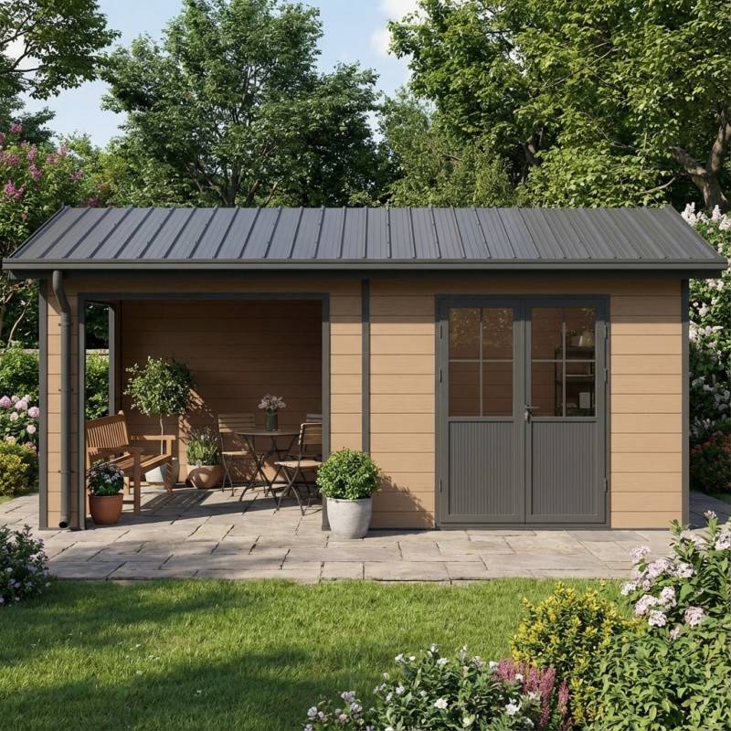 Abri de jardin 15m² avec terrasse bois composite 28mm marron Woodlife Garden - Image 1