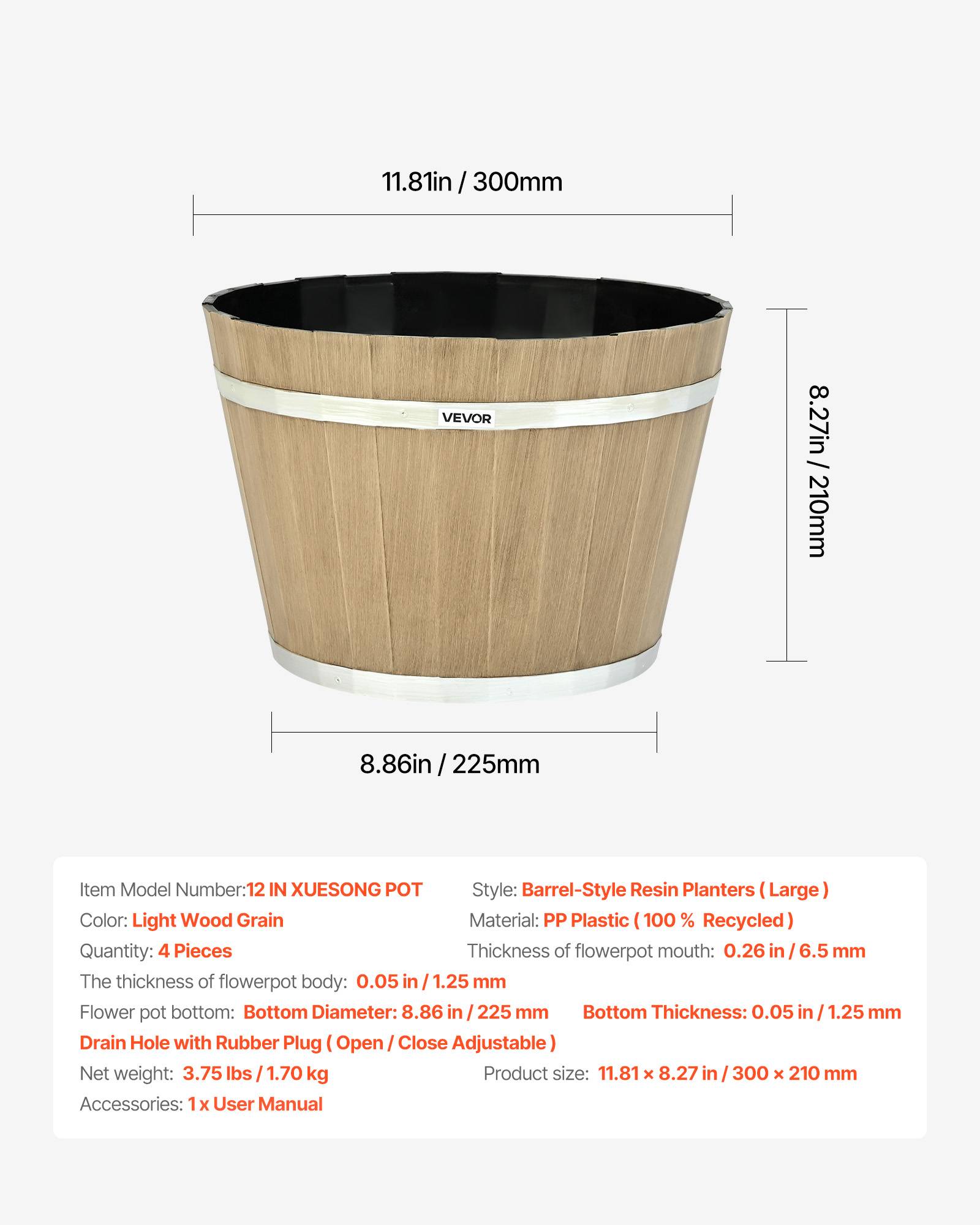 Vevor - VEVOR Jardinière en Forme Tonneau Pot de Fleurs en Plastique Lot de 4 30 x 21 cm - Image 7
