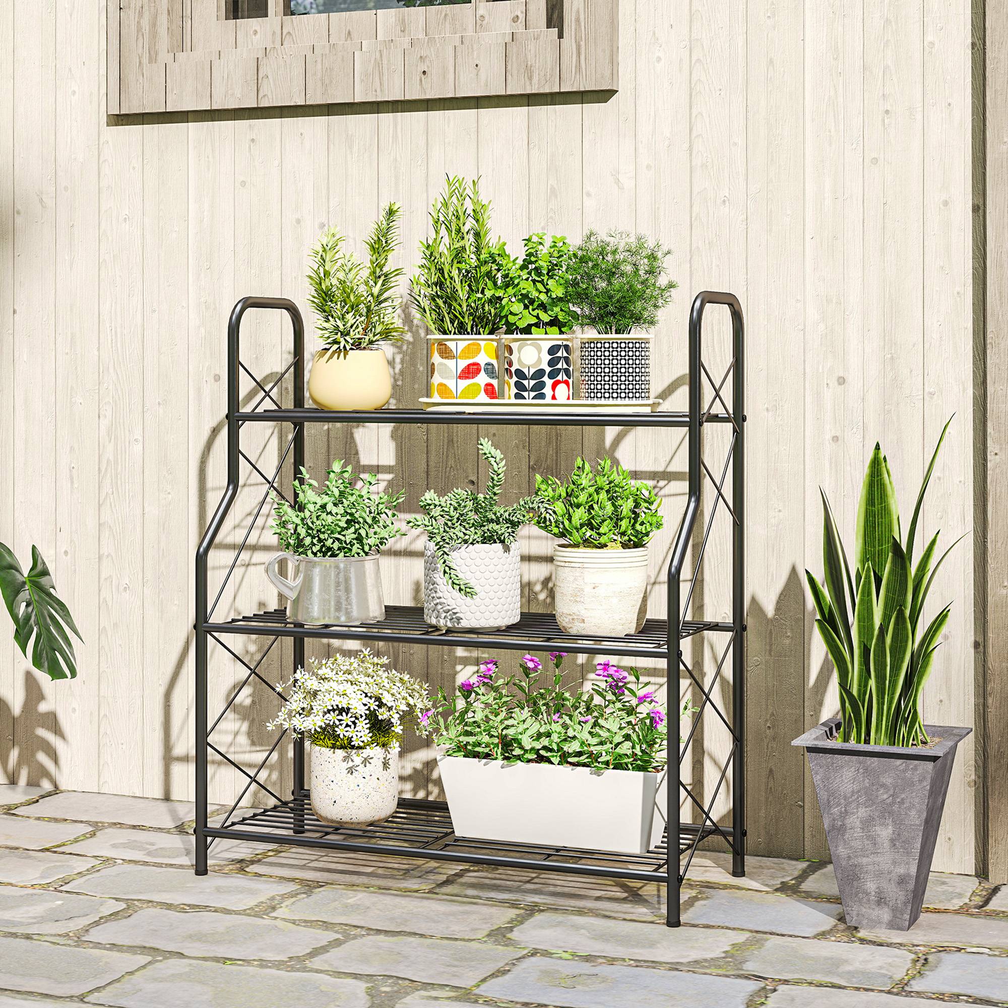 Sans Marque - Étagère plantes 3 niveaux structure métallique intérieur/extérieur 69x28,5x78 cm noire - Image 3