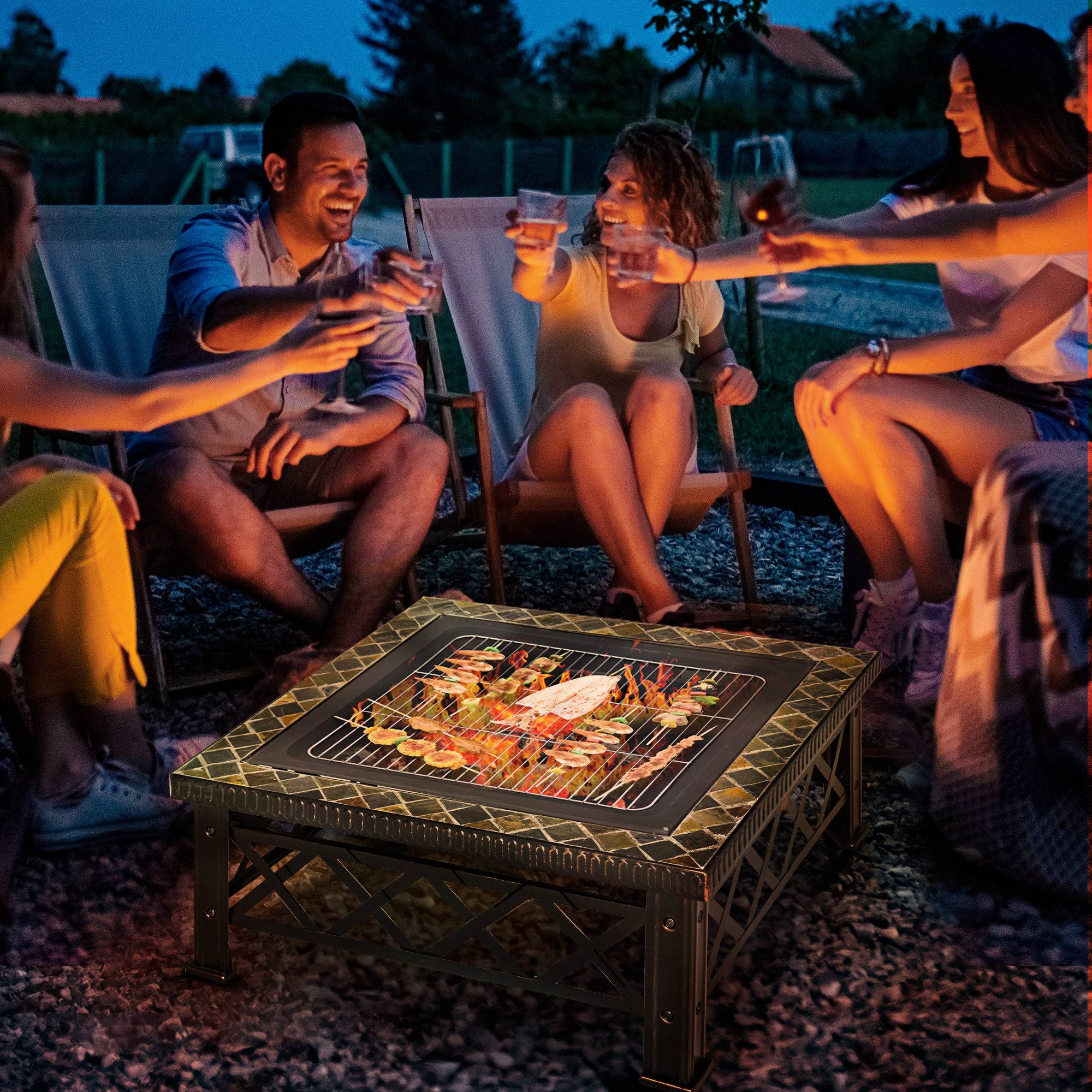 ComfortXL - Brasero 3-en-1 acier et ardoise 76 x 76 x 47 cm noir pour jardin avec barbecue bac à glace pare-étincelles - Image 1