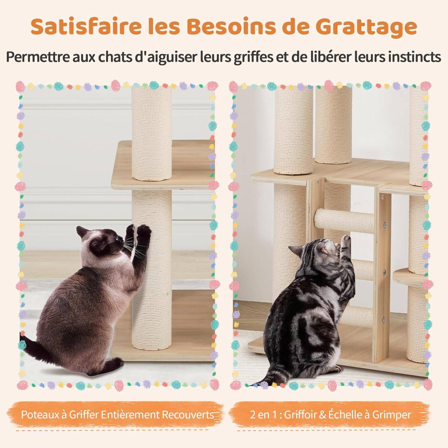 Arbre à Chat XXL 185 cm, 3 Plateformes, Capsule, Condo, Échelle à 3 Marches, Ø 11 cm Poteaux à Griffer, Arbre a Chat Maine Coon, Coussins en Peluche A - Image 5