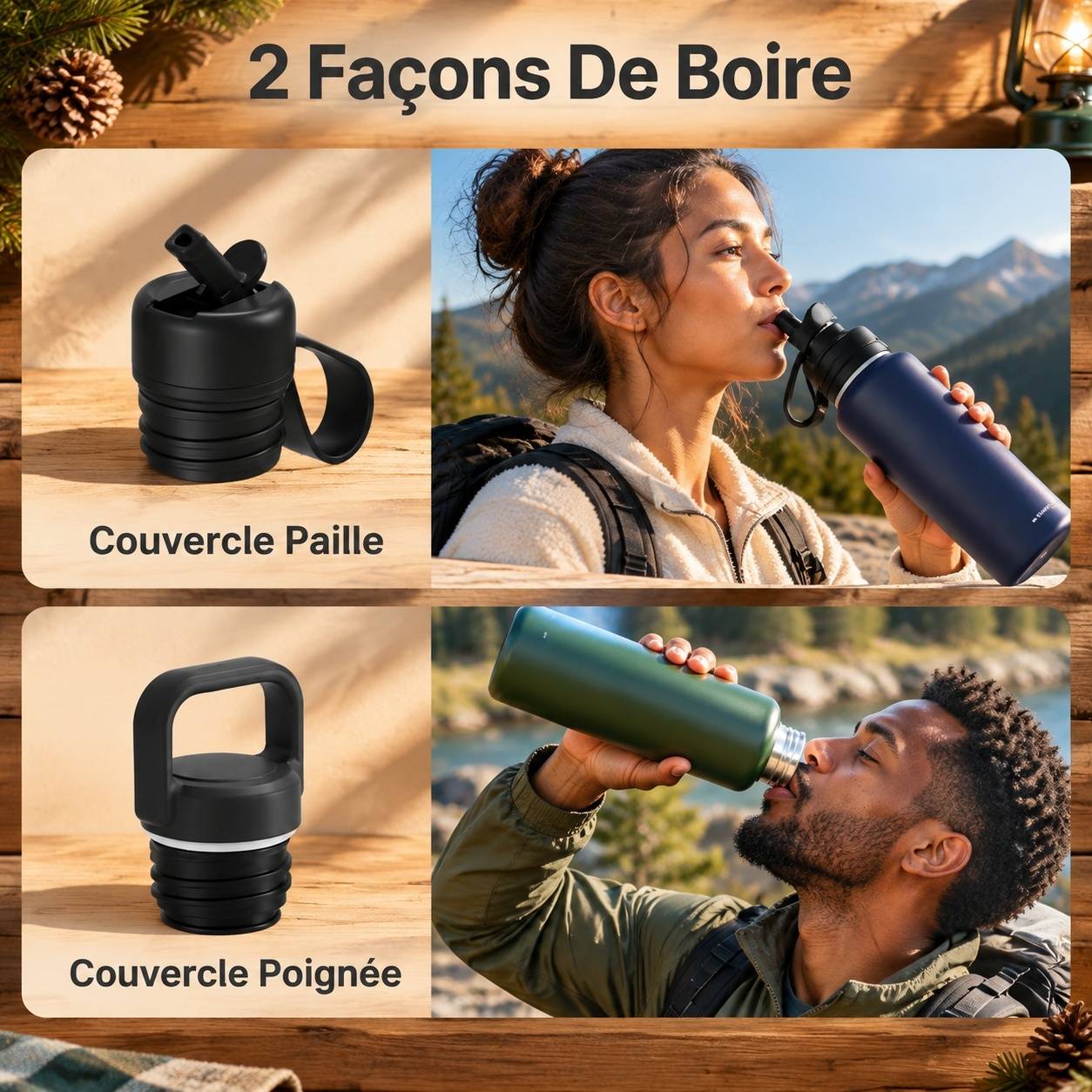 Bouteille Eau 2L Acier Inoxydable Avec 2 Couvercles Léger Pour Gym Randonnée Voyage - Image 4