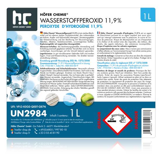Peroxyde Péroxyde d'hydrogène 11,9 % Höfer Chemie® en bouteille de 1 L x 1 ...
