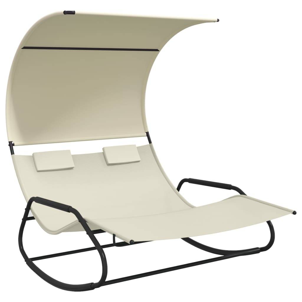 Helloshop26 - Transat chaise longue bain de soleil lit de jardin terrasse meuble d'extérieur double à bascule avec auvent 175,5 x 137,5 x 182,5 cm crème - Image 1