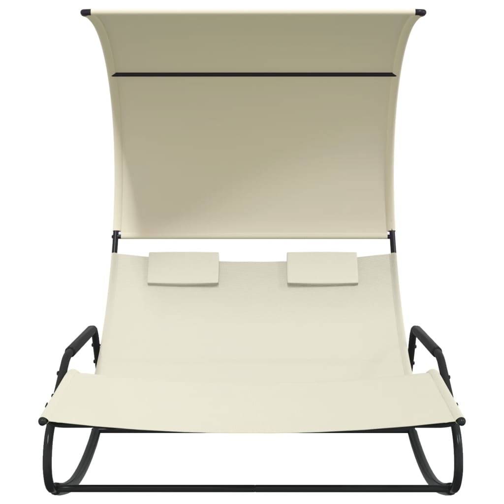 Helloshop26 - Transat chaise longue bain de soleil lit de jardin terrasse meuble d'extérieur double à bascule avec auvent 175,5 x 137,5 x 182,5 cm crème - Image 2