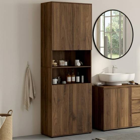 IDMARKET - Meuble armoire colonne salle de bain TOMI 4 portes 2 niches effet noyer - Image 1