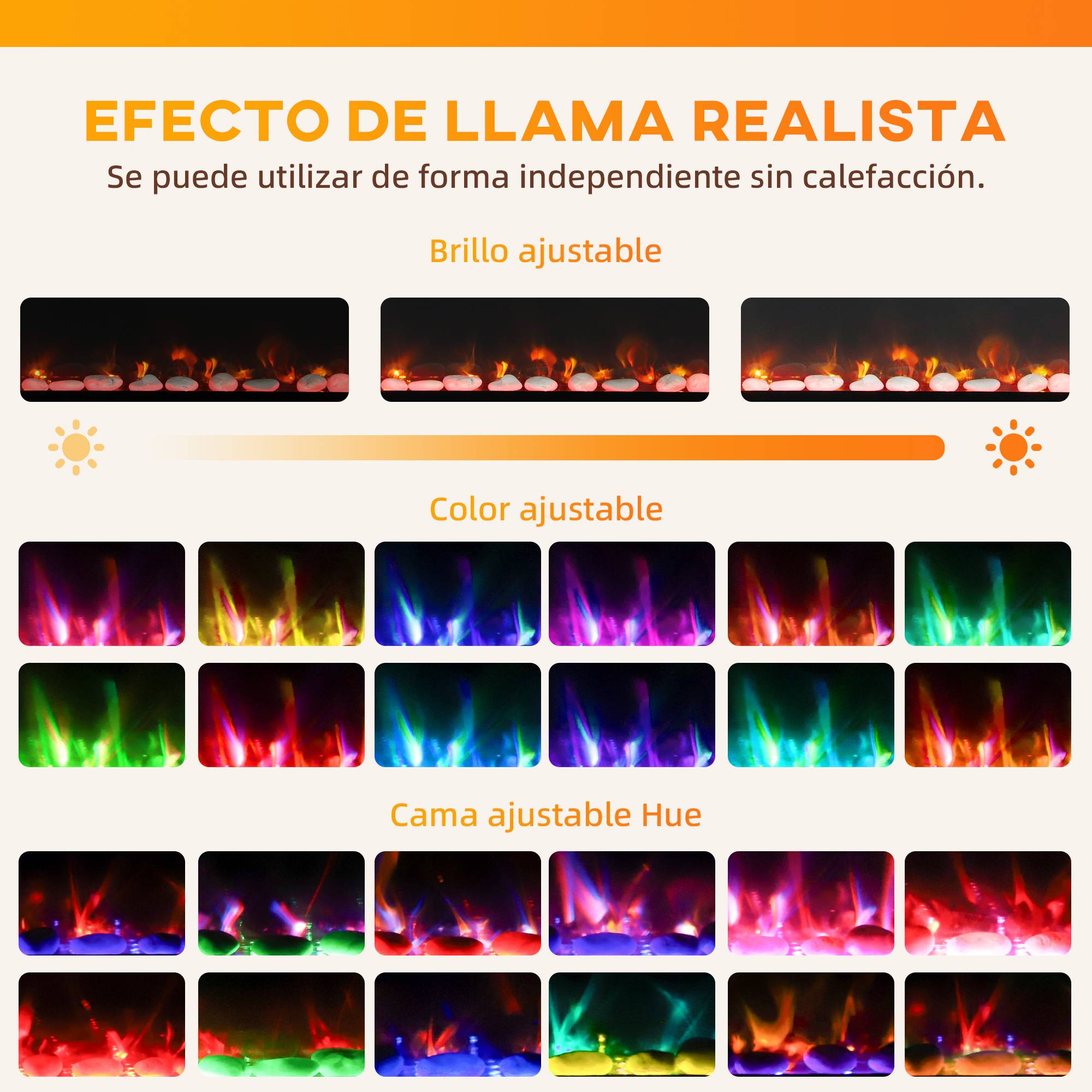 Cheminée électrique murale encastrable ultrafine flamme 3D luminosité/vitesse réglable 12 couleurs galets 900/1800W - Image 6