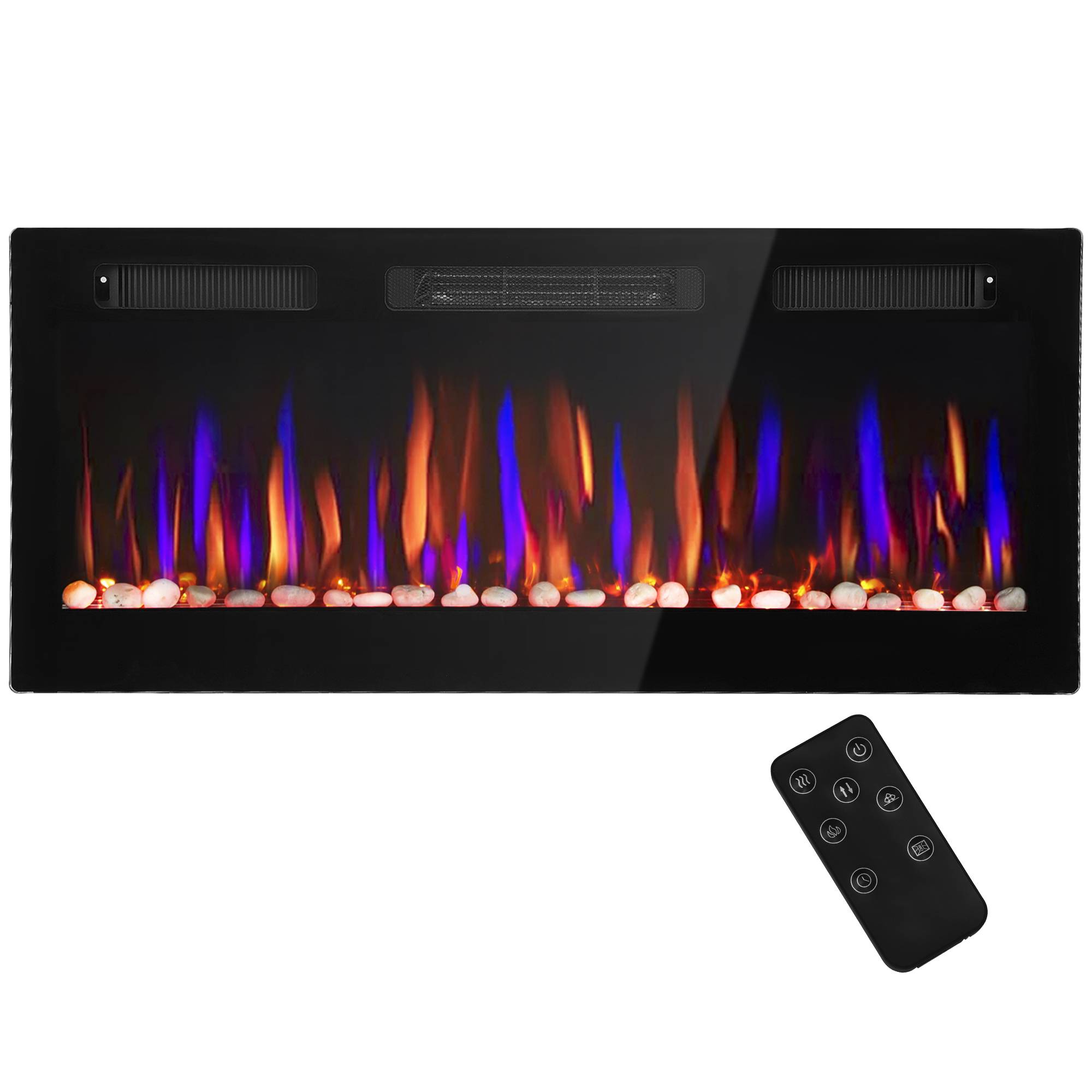 Cheminée électrique murale encastrable ultrafine flamme 3D luminosité/vitesse réglable 12 couleurs galets 900/1800W - Image 2