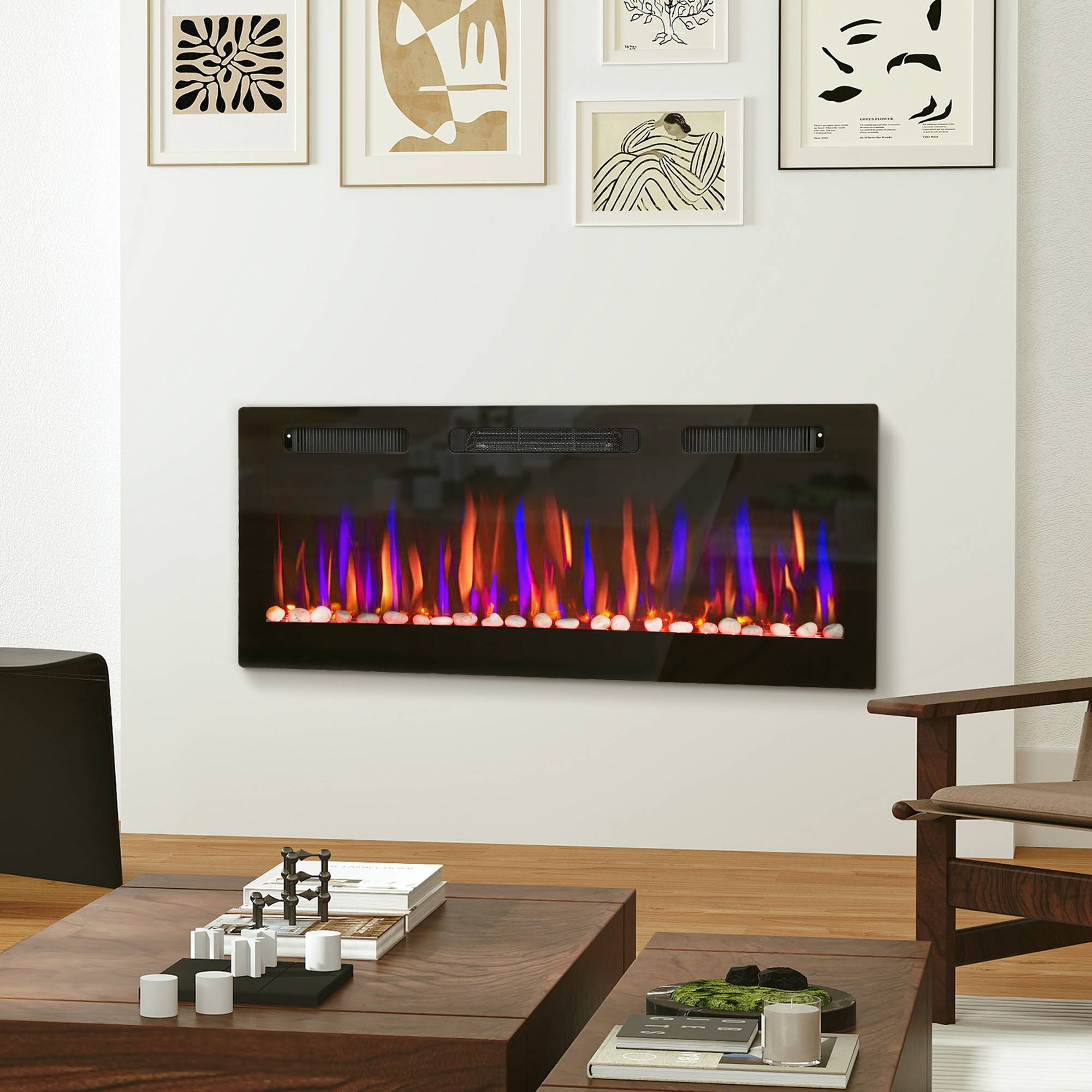Cheminée électrique murale encastrable ultrafine flamme 3D luminosité/vitesse réglable 12 couleurs galets 900/1800W - Image 3