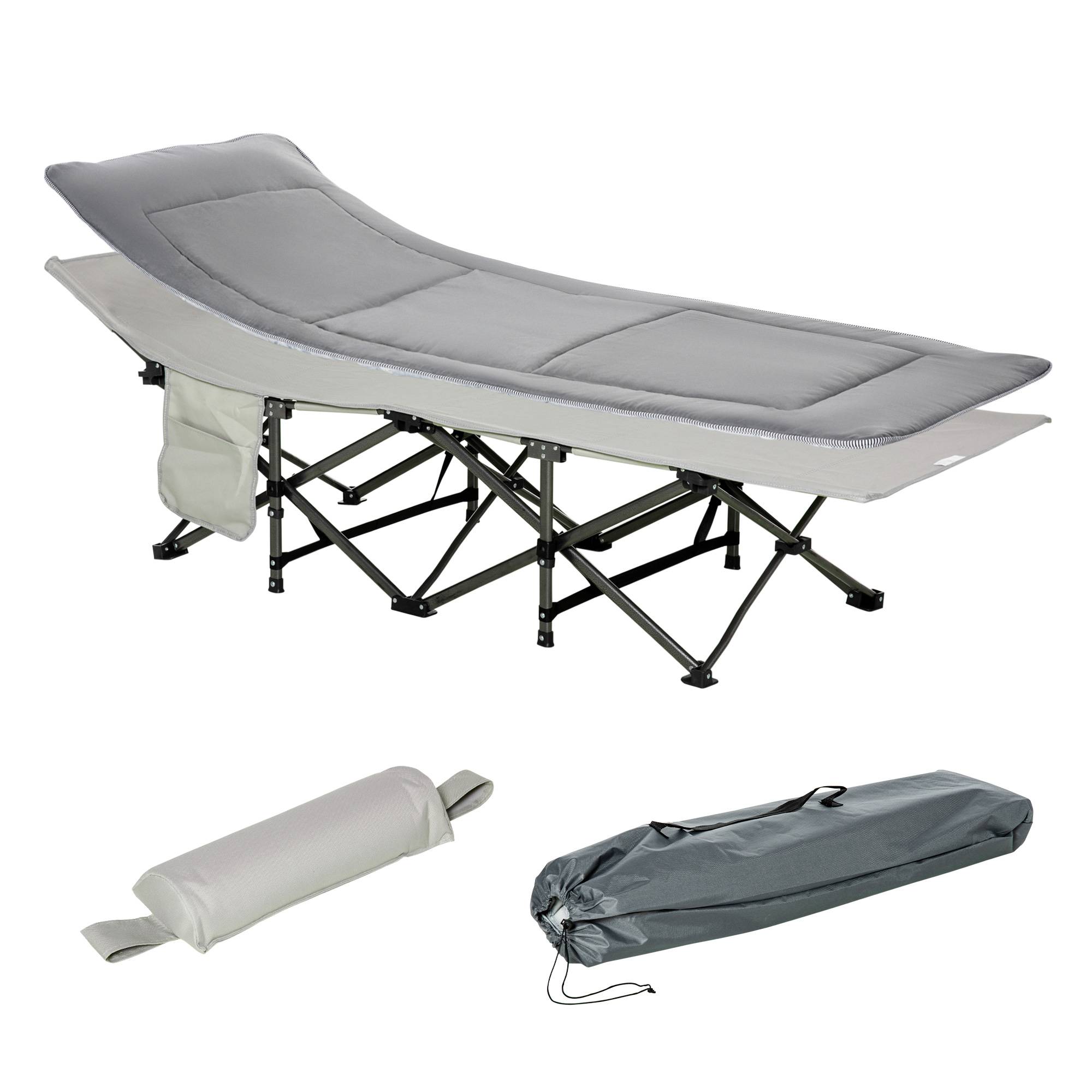 Lit de camp pliable et rembourré avec poche de rangement, 188x64,5x53 cm, gris clair