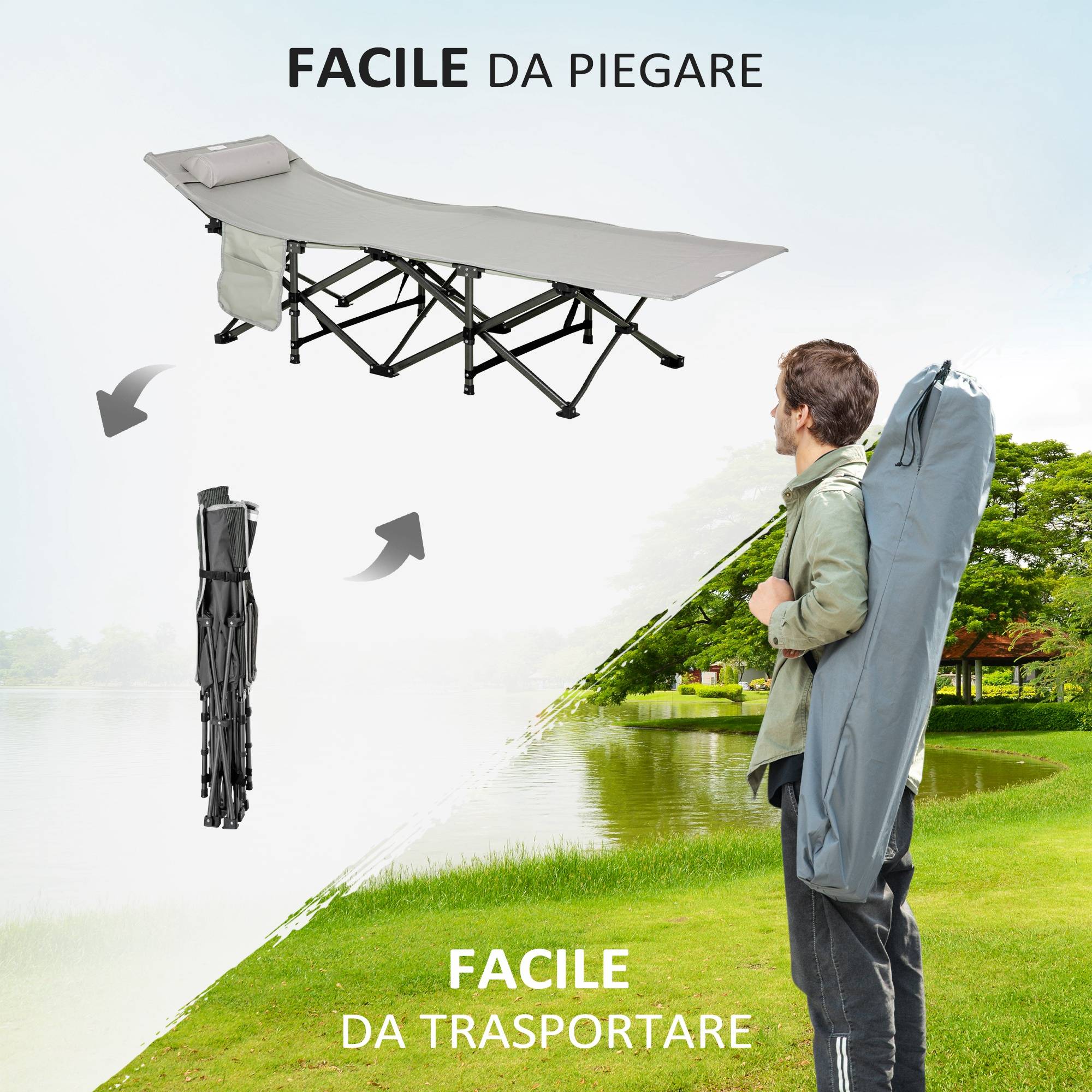 Lit de camp pliable et rembourré avec poche de rangement, 188x64,5x53 cm, gris clair - Image 8