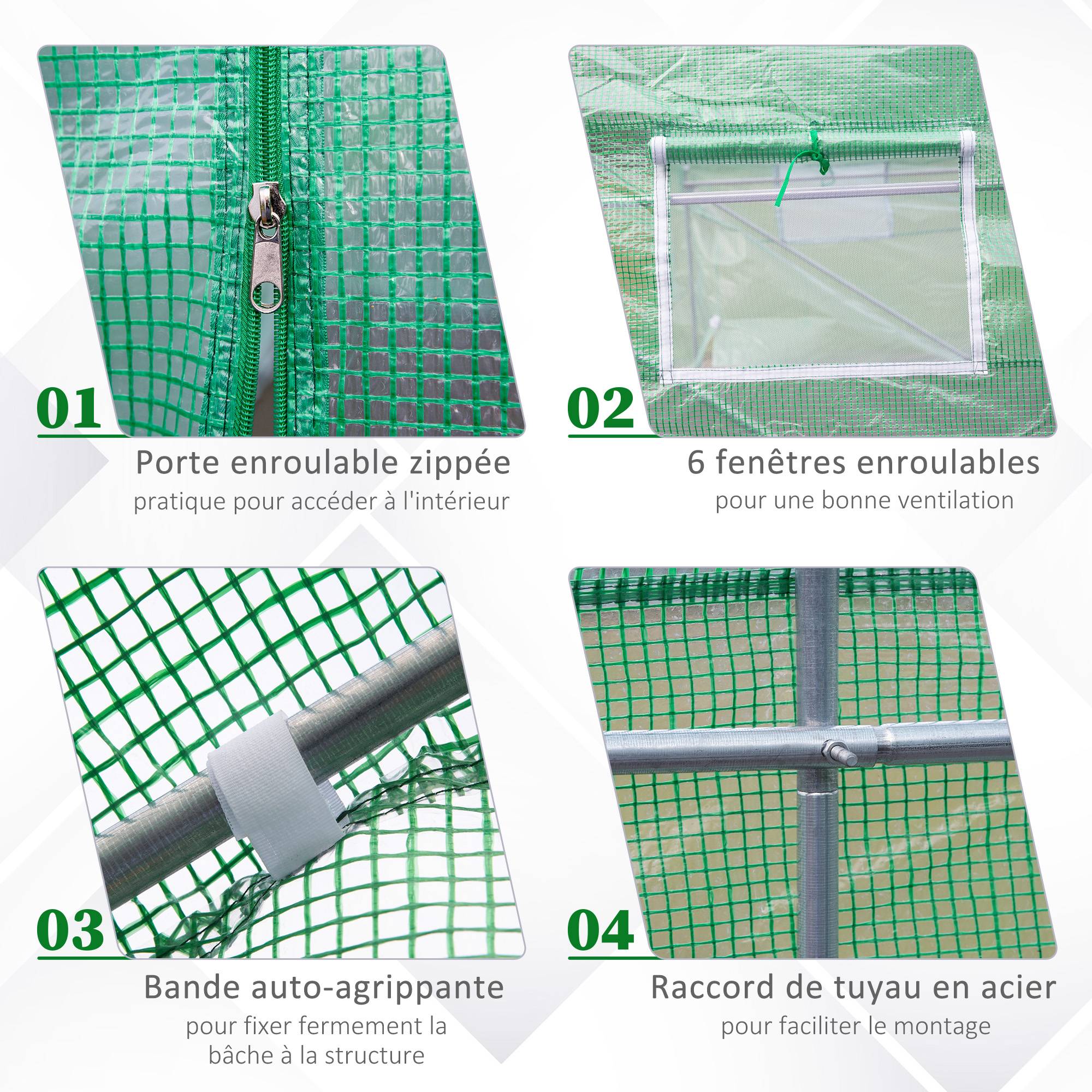 Serre Tunnel de Jardin 10,5 m² dim. 3,5L x 3l x 2H m Porte + 6 fenêtres enroulables Acier galvanisé bâche PE Haute densité Vert - Image 7