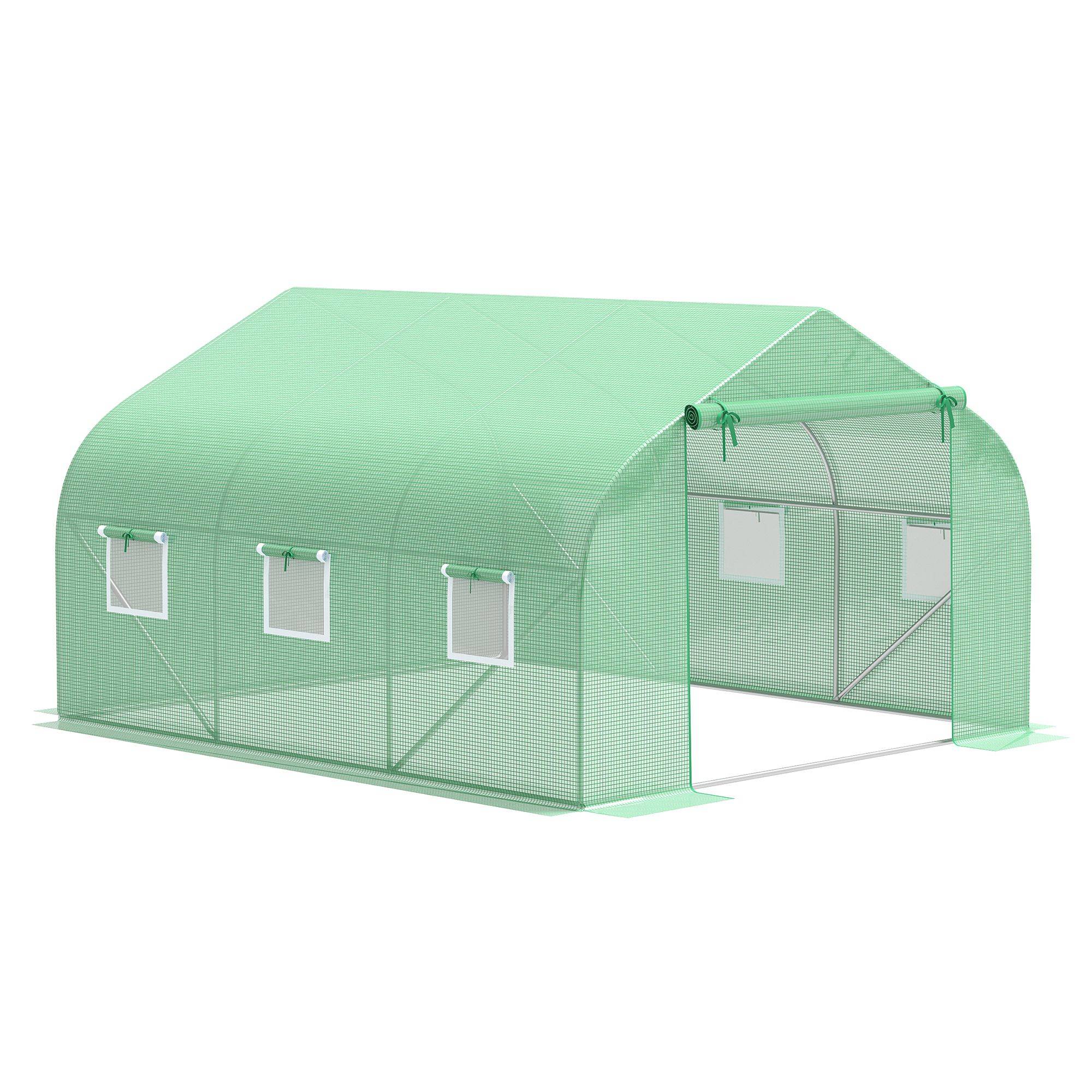 Serre Tunnel de Jardin 10,5 m² dim. 3,5L x 3l x 2H m Porte + 6 fenêtres enroulables Acier galvanisé bâche PE Haute densité Vert - Image 1