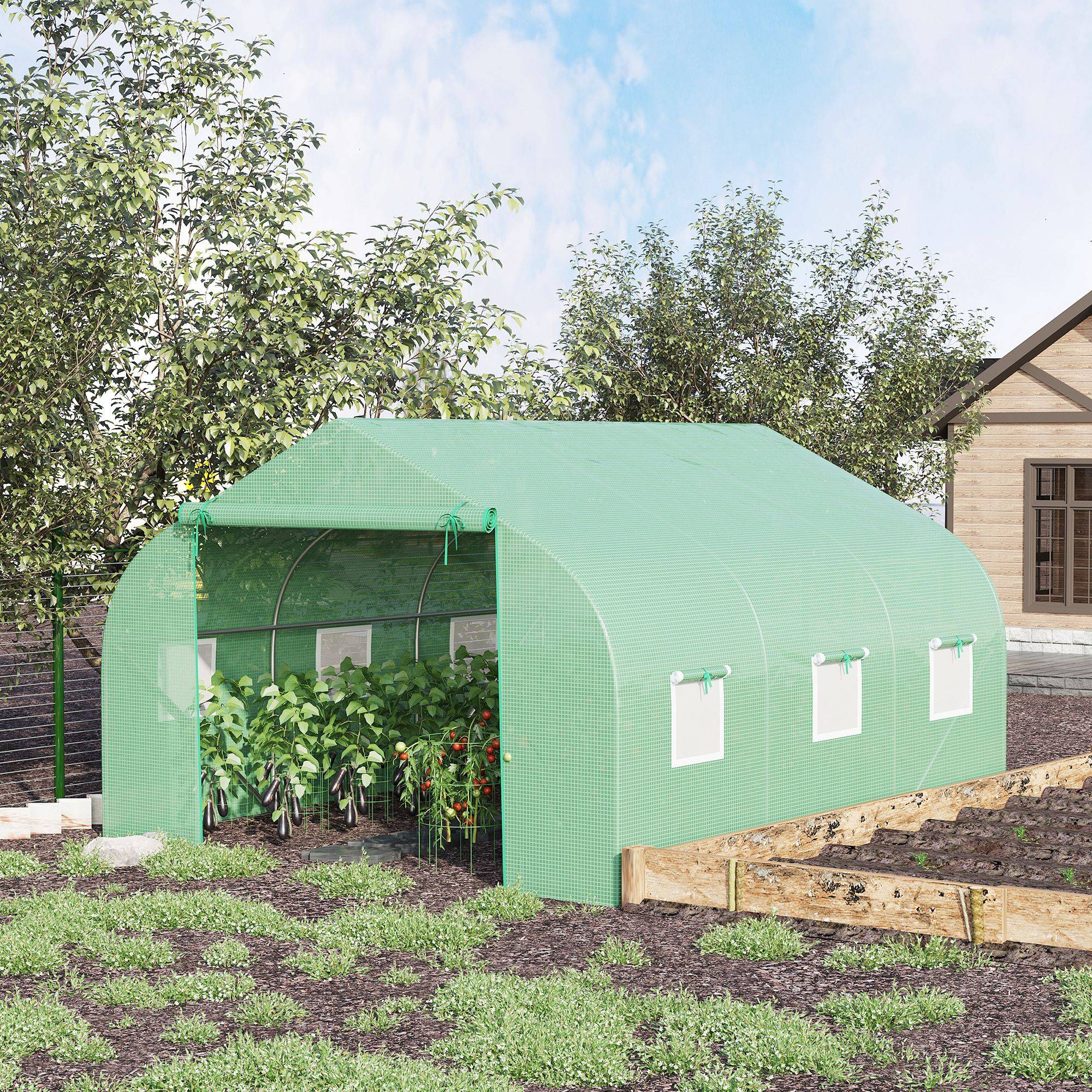 Serre Tunnel de Jardin 10,5 m² dim. 3,5L x 3l x 2H m Porte + 6 fenêtres enroulables Acier galvanisé bâche PE Haute densité Vert - Image 4